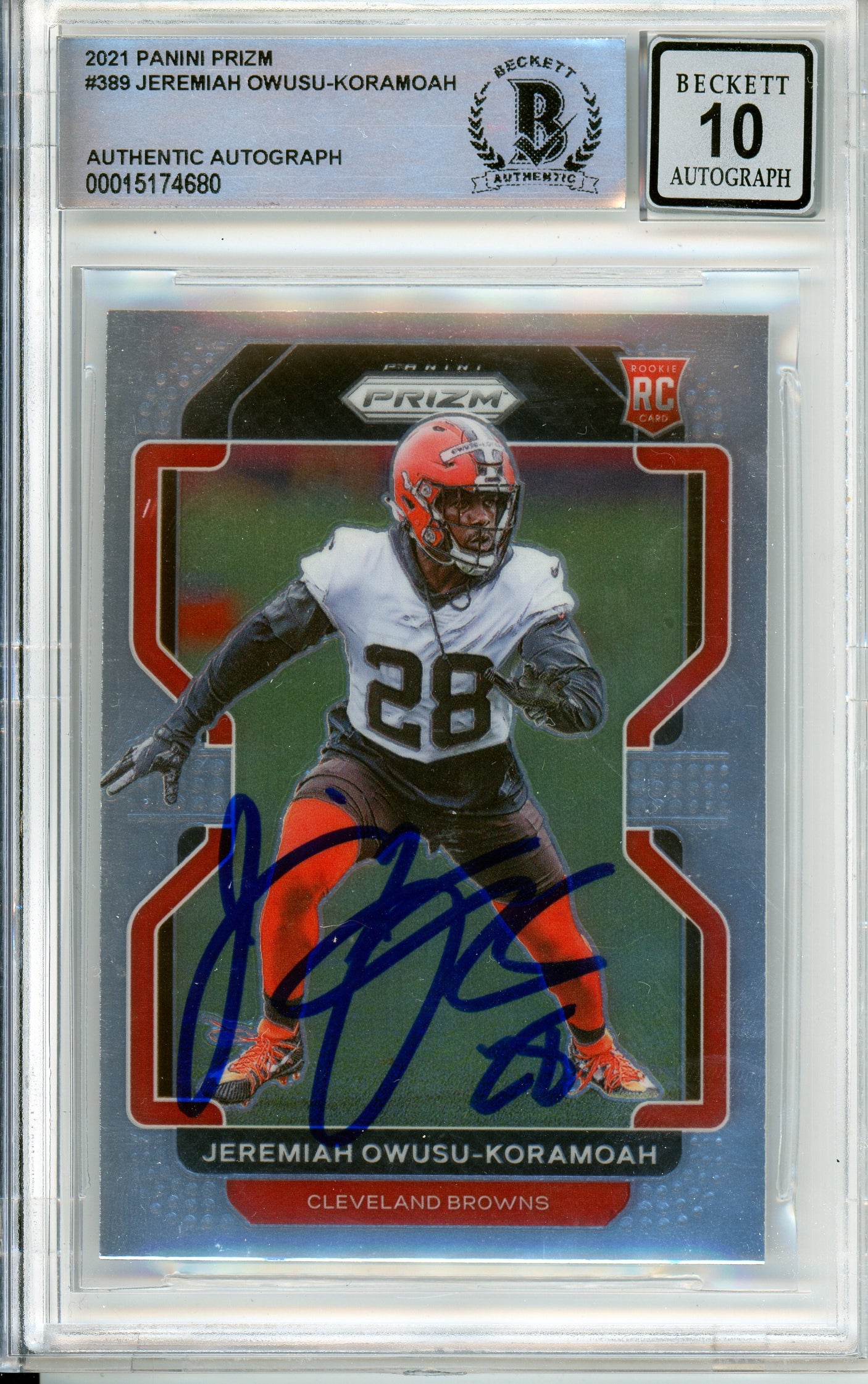 2020 Panini Prizm #389 Jeremiah Owusu-Koramoah RC Cleavland Browns BGS Auto 10