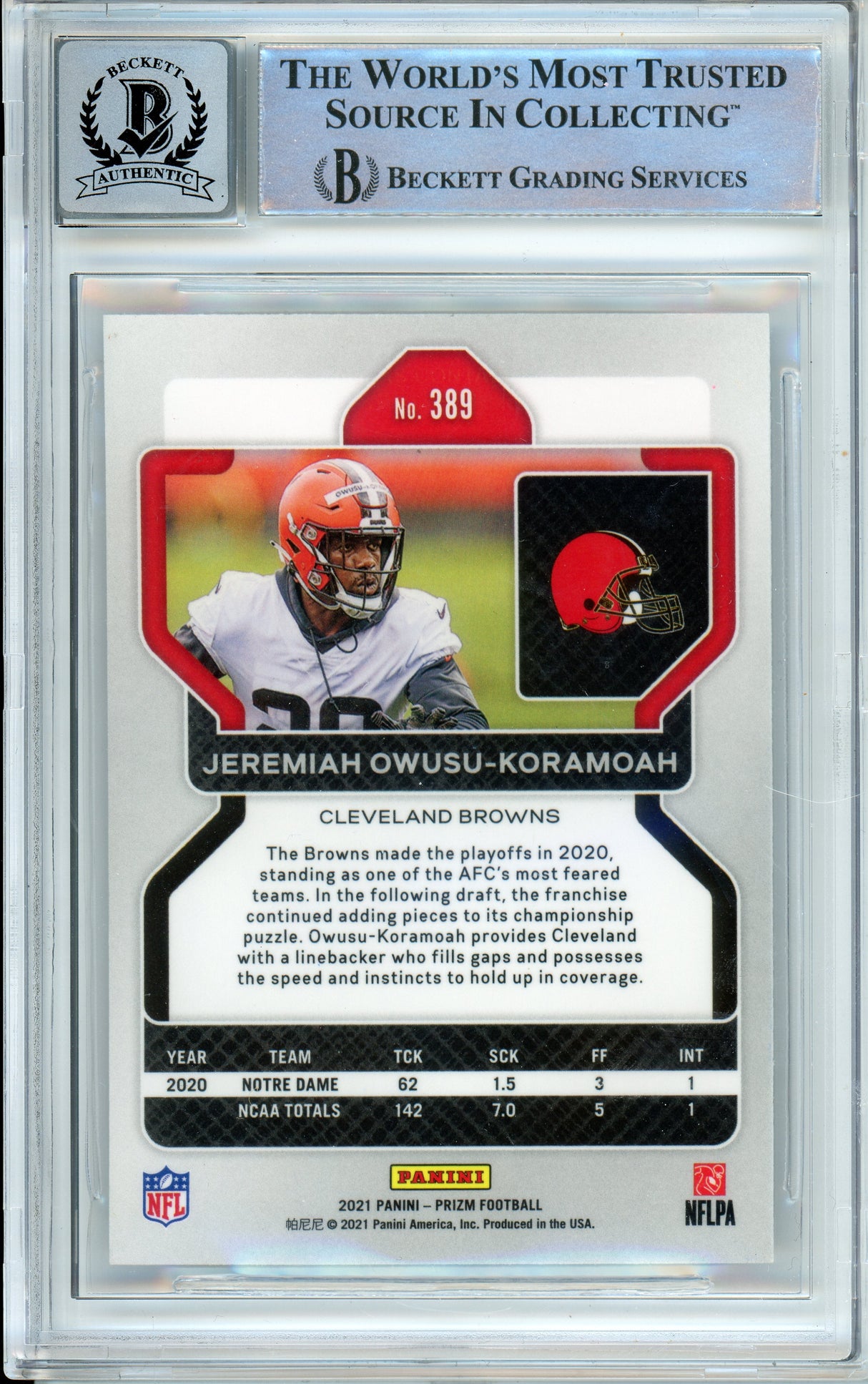 2020 Panini Prizm #389 Jeremiah Owusu-Koramoah RC Cleavland Browns BGS Auto 10