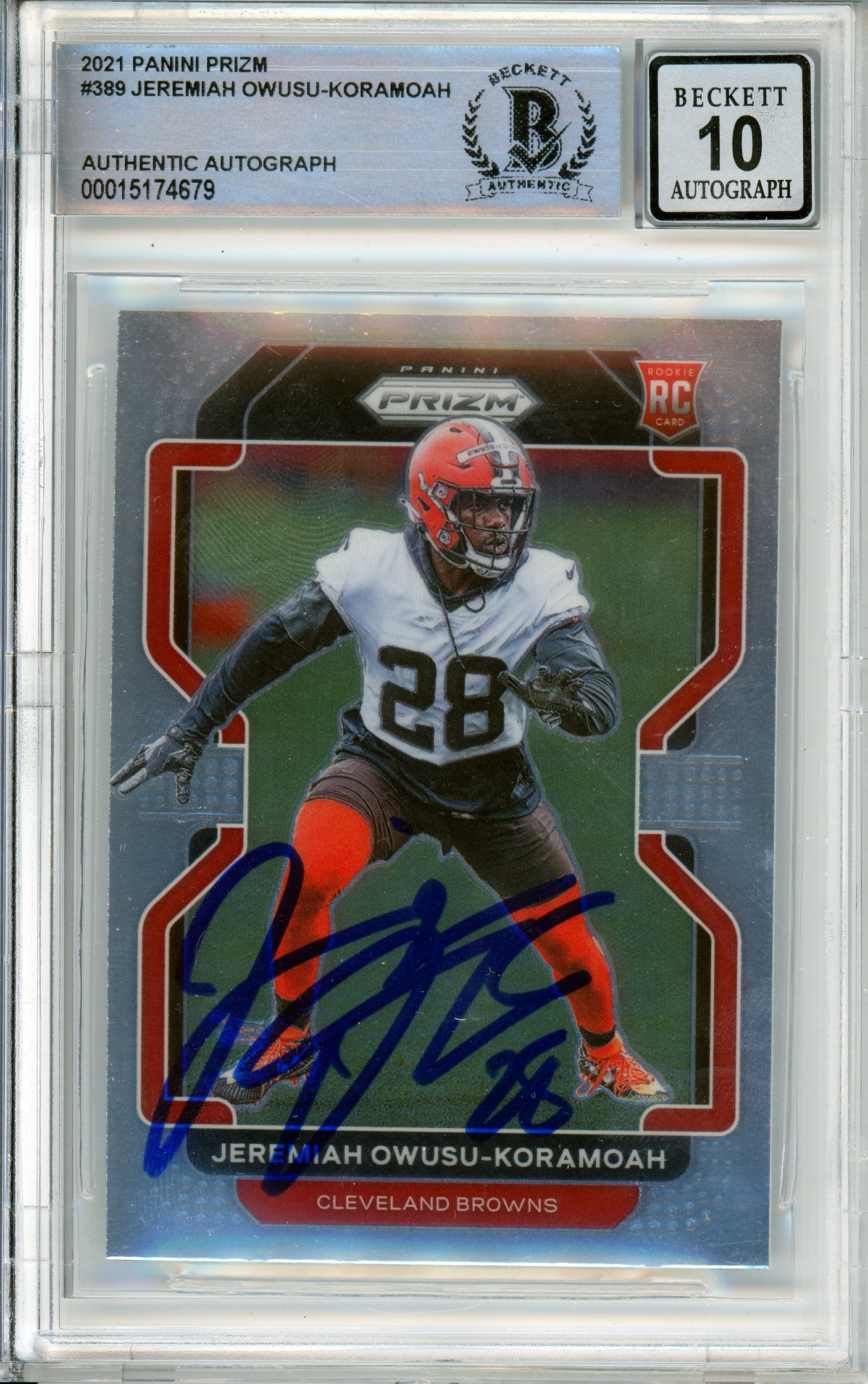 2020 Panini Prizm #389 Jeremiah Owusu-Koramoah RC Cleavland Browns BGS Auto 10