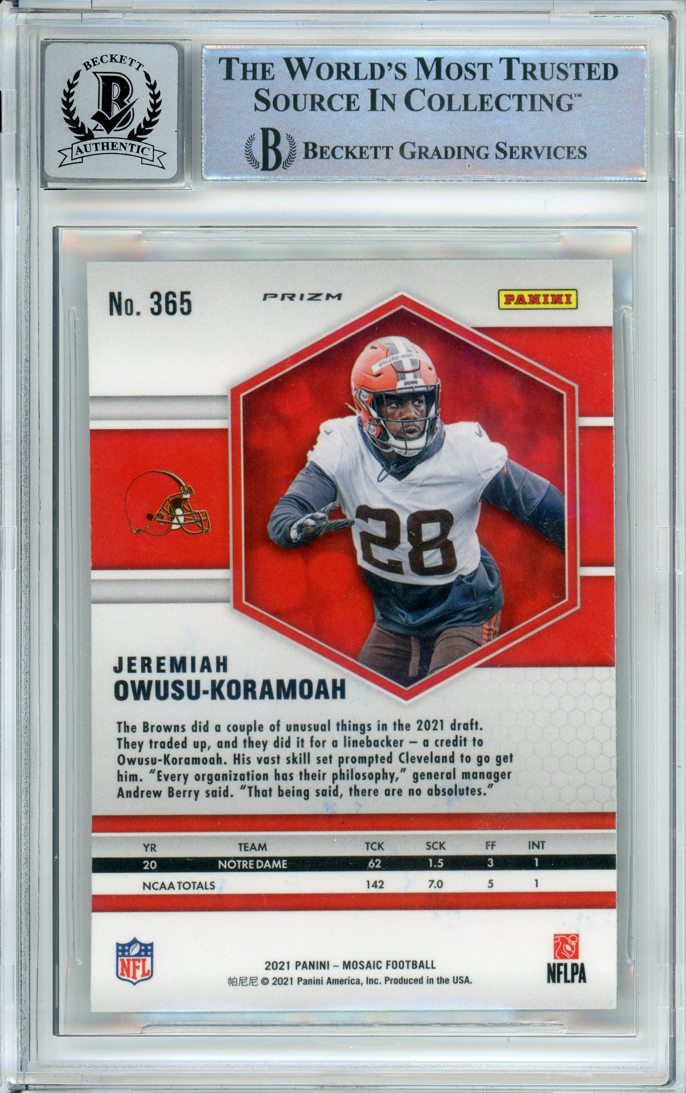 2021 Panini Mosaic Green #365 Jeremiah-Koramoah RC Cleavland Browns BGS Auto 10