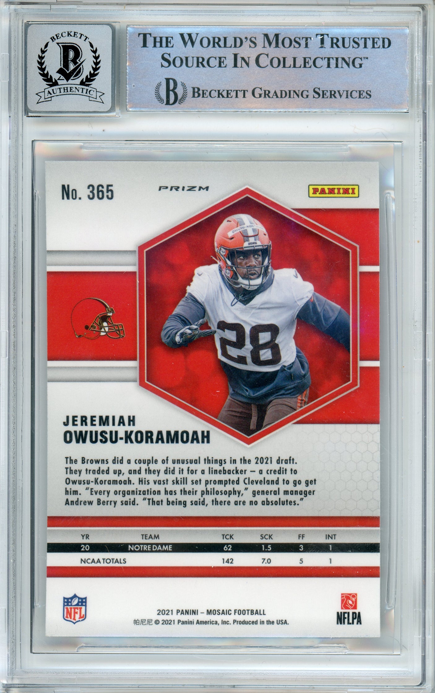 2021 Panini Mosaic Silver #365 Jeremiah-Koramoah RC Cleavland Browns BGS Auto 10