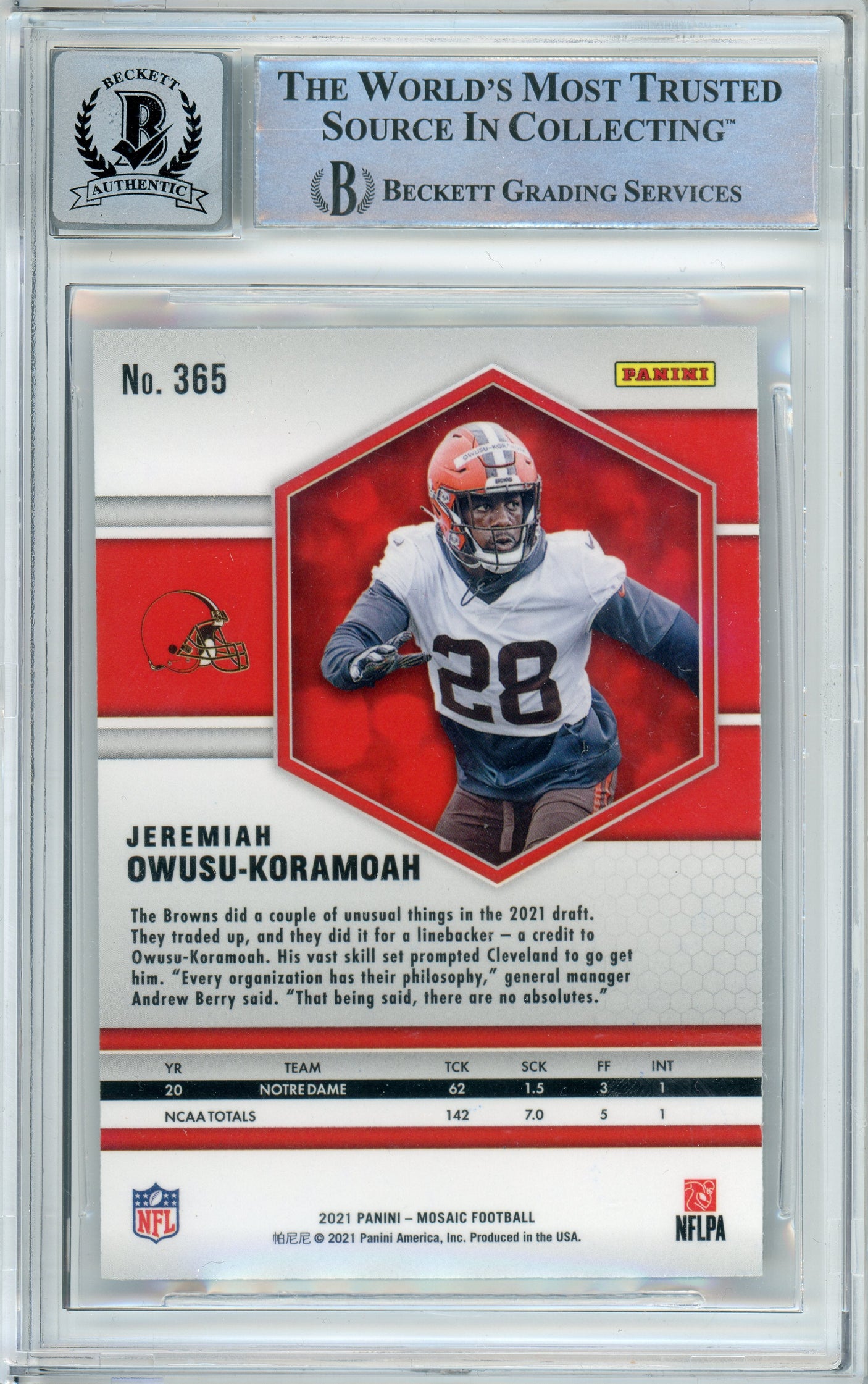 2021 Panini Mosaic #365 Jeremiah-Koramoah RC Cleavland Browns BGS Autograph 10
