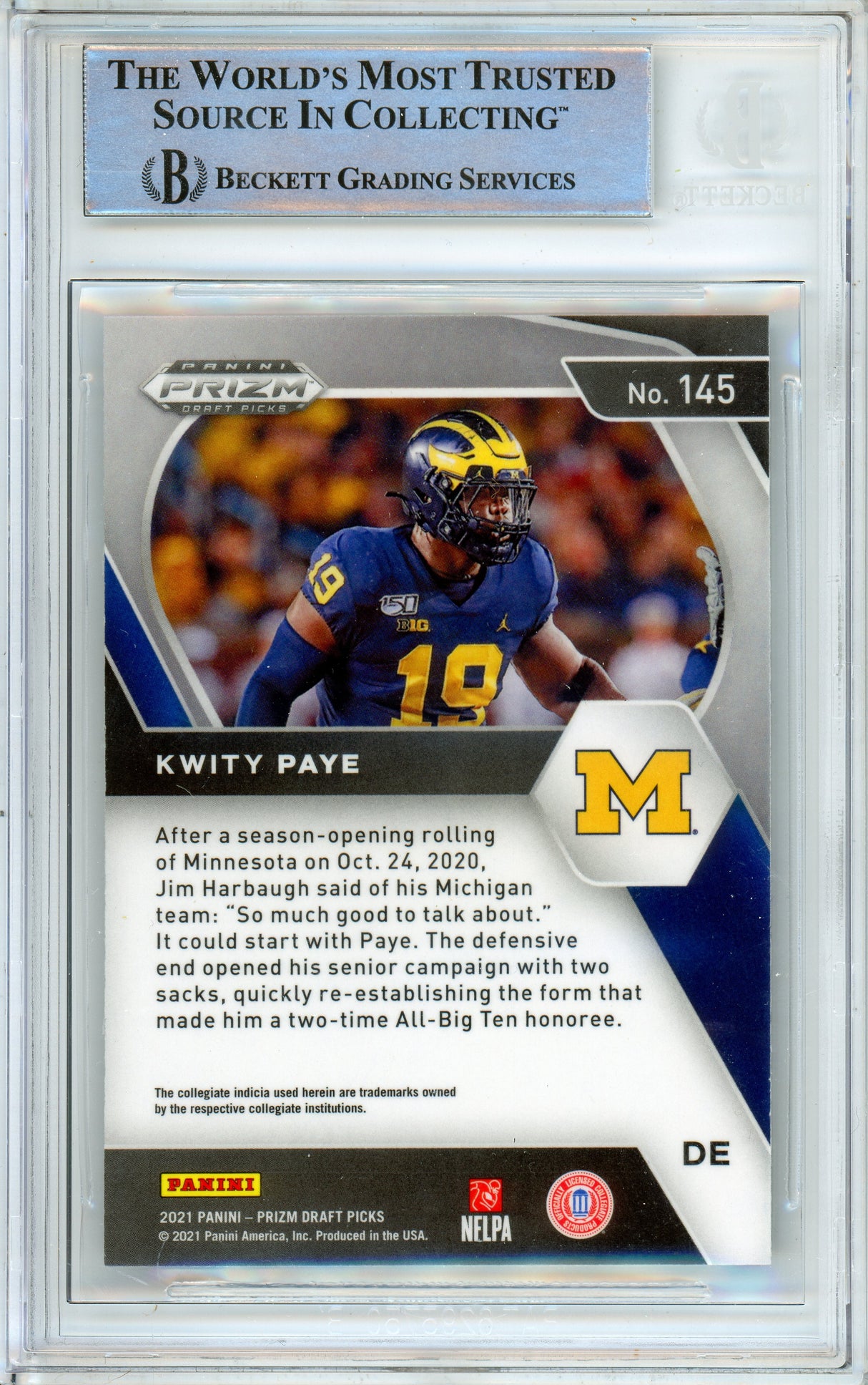 2021 Panini Prizm Draft Picks #145 Kwity Paye RC Michigan BGS Autograph 10
