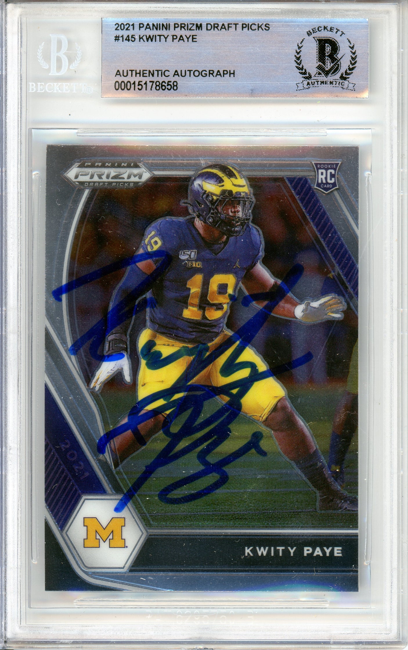 2021 Panini Prizm Draft Picks #145 Kwity Paye RC Michigan BGS Autograph 10