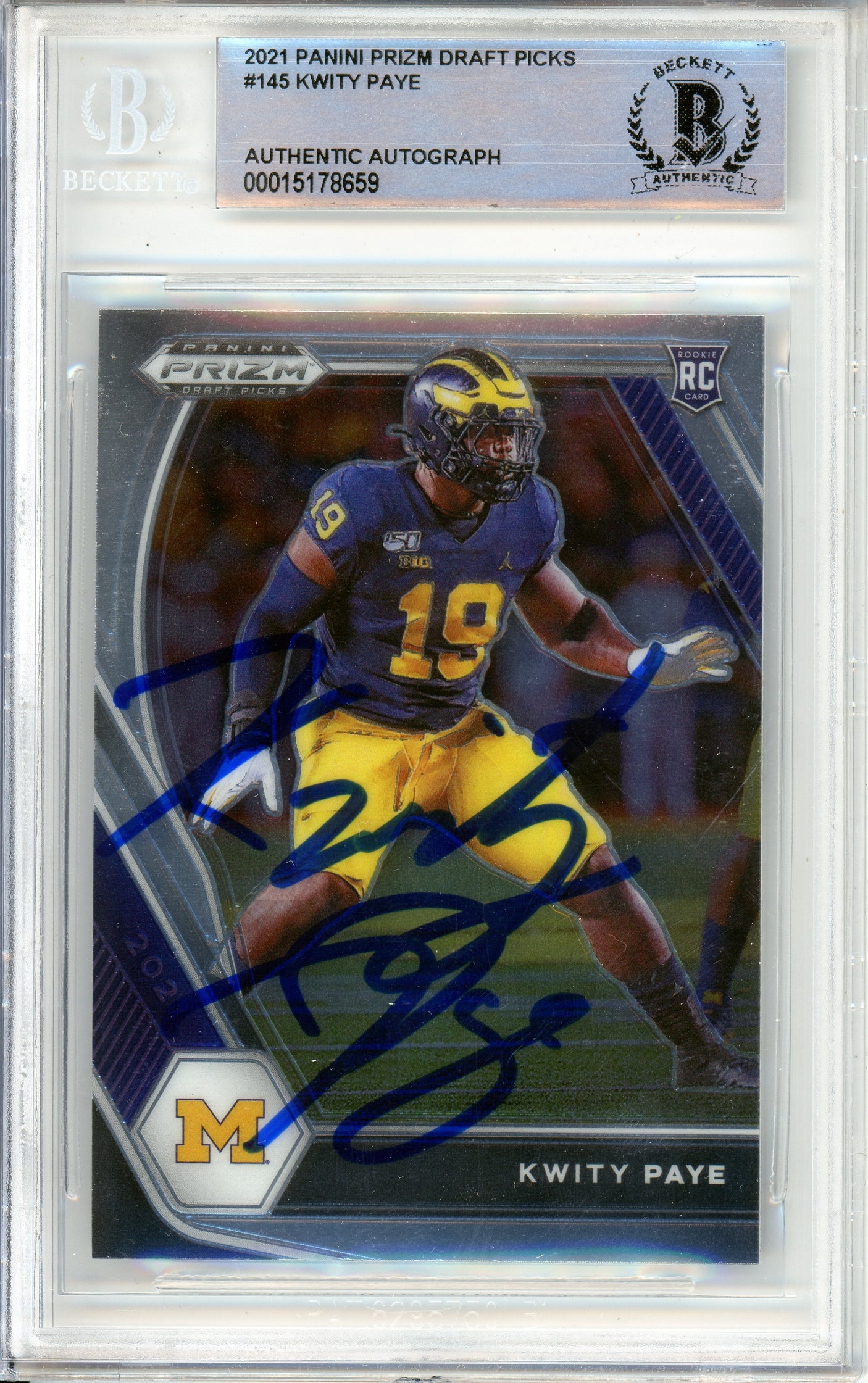 2021 Panini Prizm Draft Picks #145 Kwity Paye RC Michigan BGS Autograph 10
