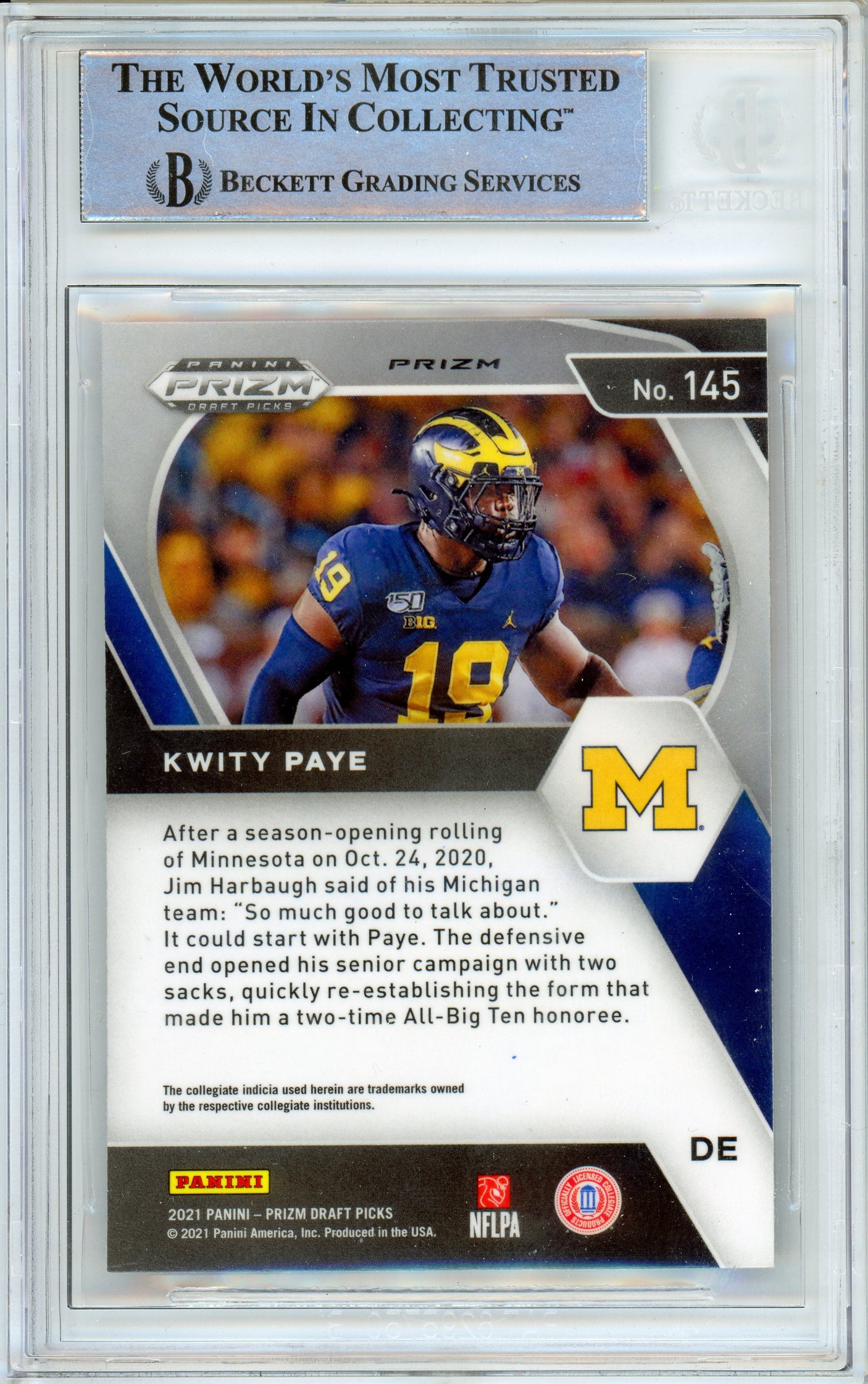 2021 Panini Prizm Draft Picks Orange Ice #145 Kwity Paye RC Michigan BGS Auto 10