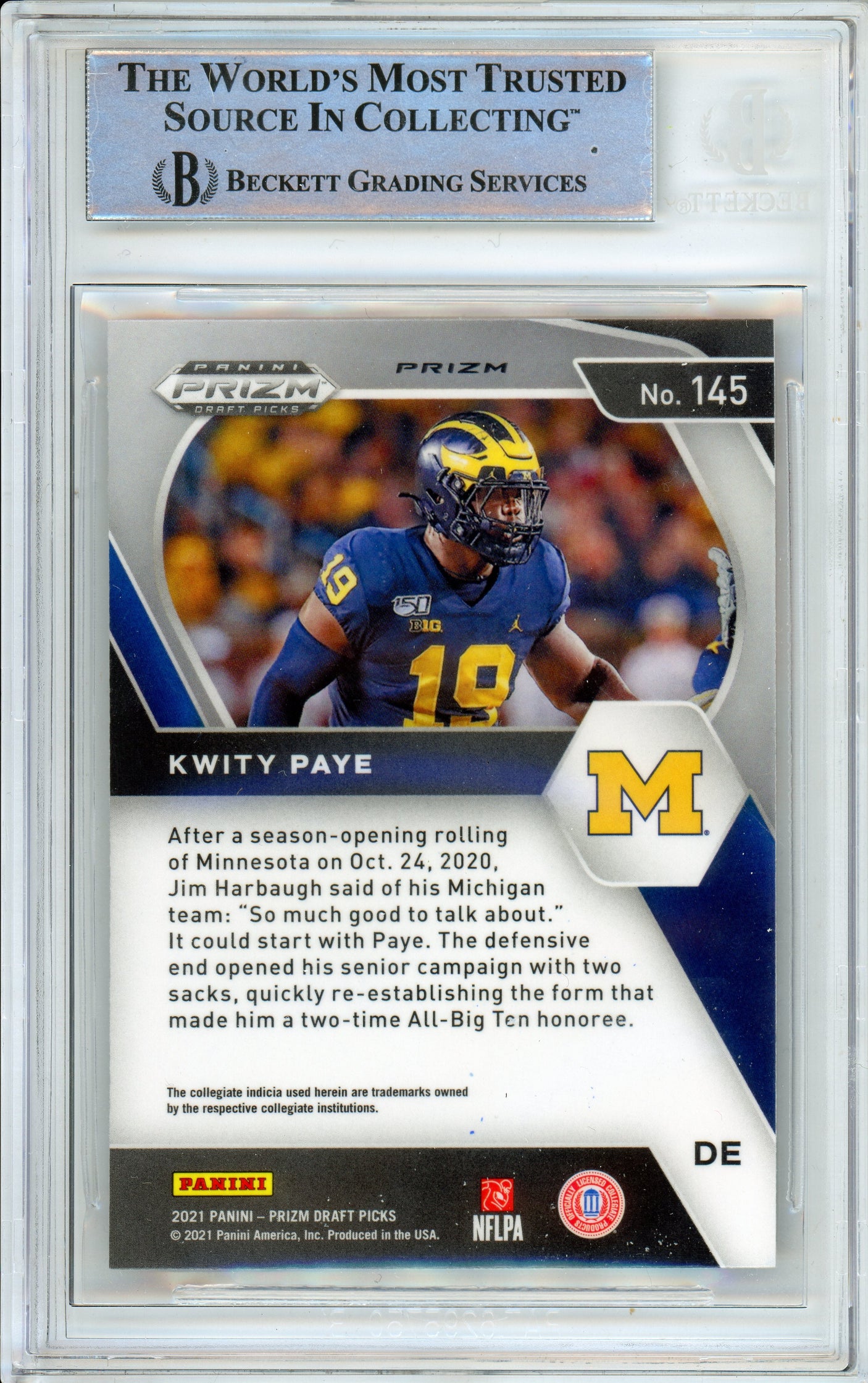 2021 Panini Prizm Draft Picks Orange Ice #145 Kwity Paye RC Michigan BGS Auto 10