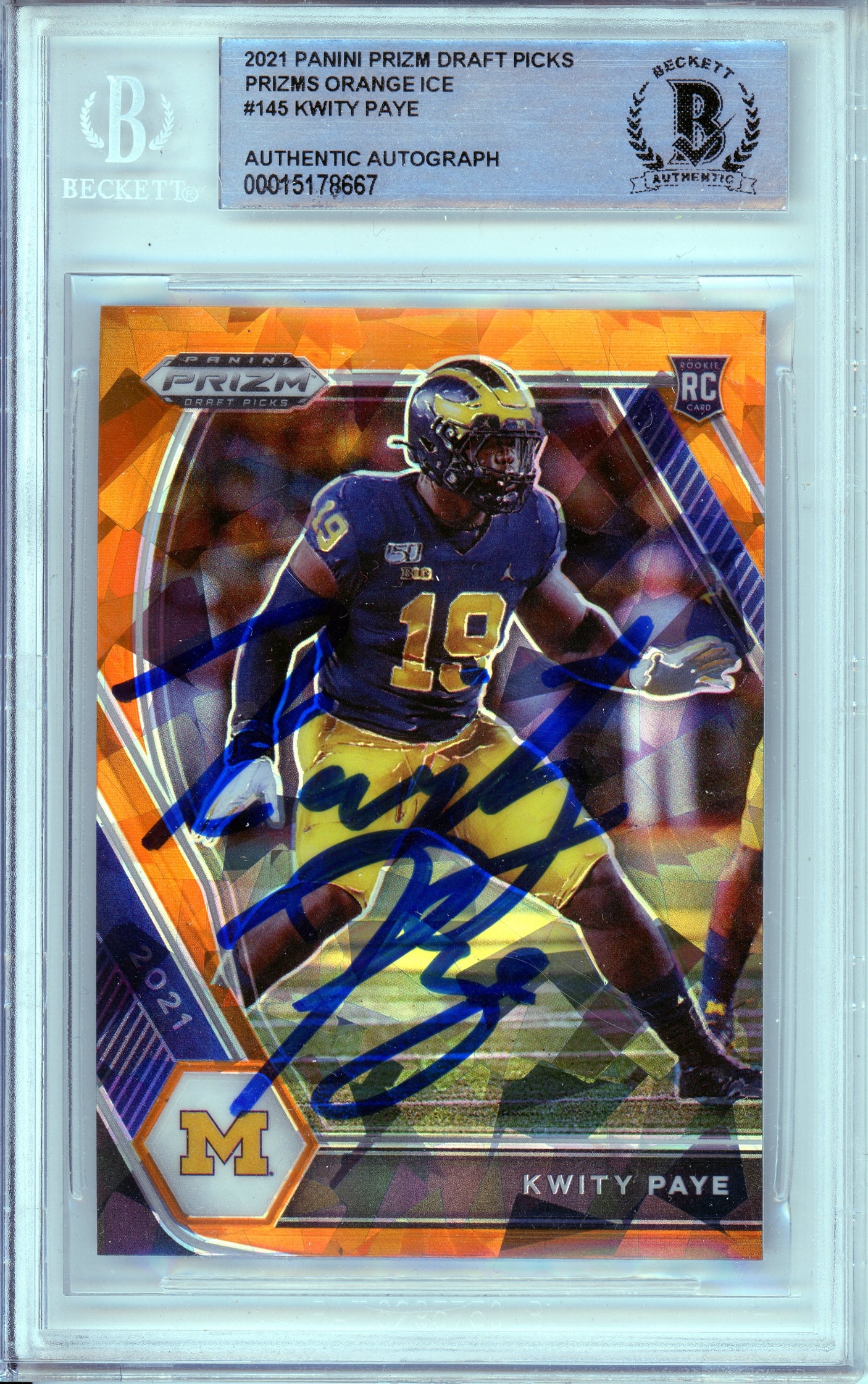 2021 Panini Prizm Draft Picks Orange Ice #145 Kwity Paye RC Michigan BGS Auto 10