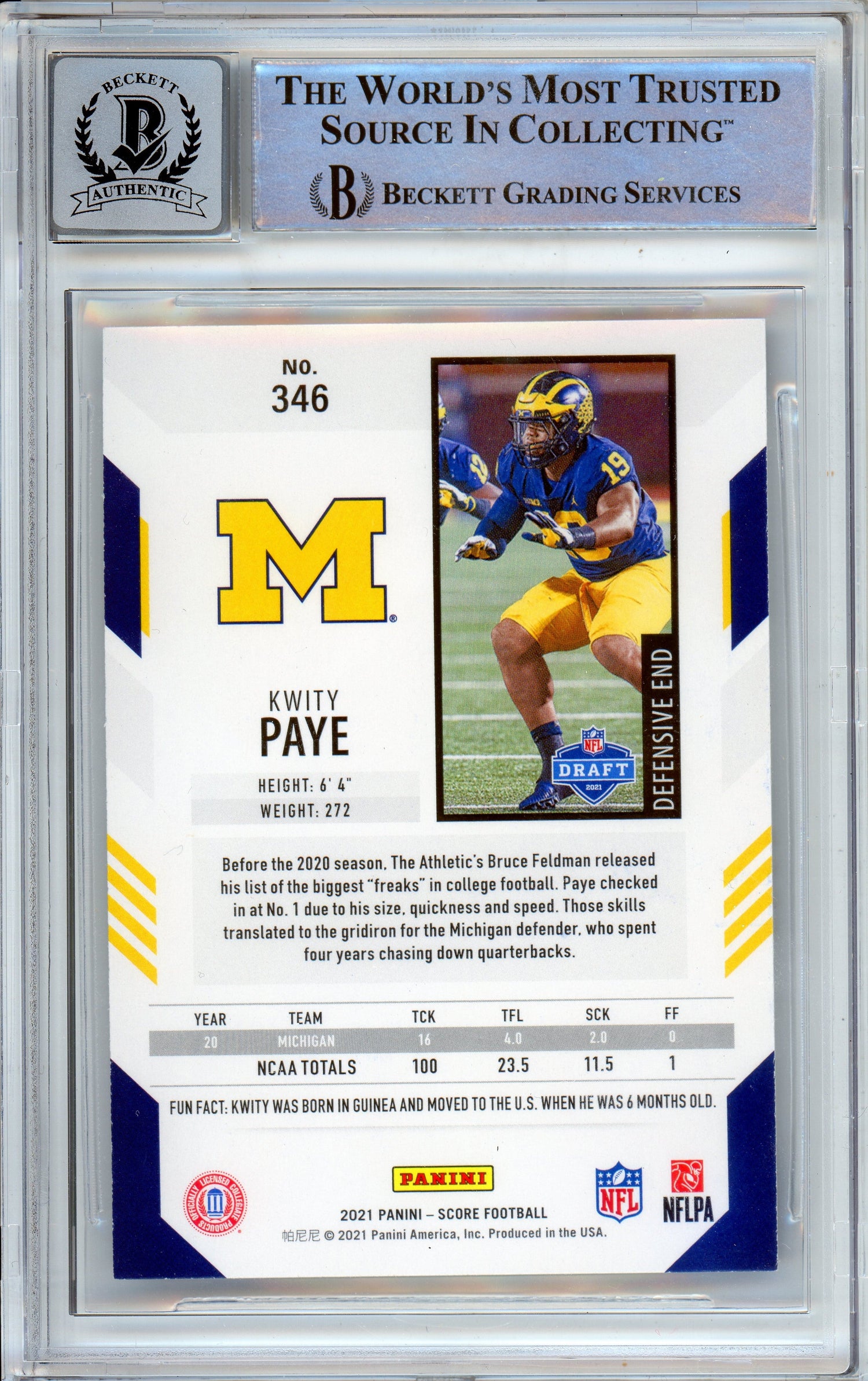 2021 Panini Score #346 Kwity Paye RC Michigan BGS Autograph 10