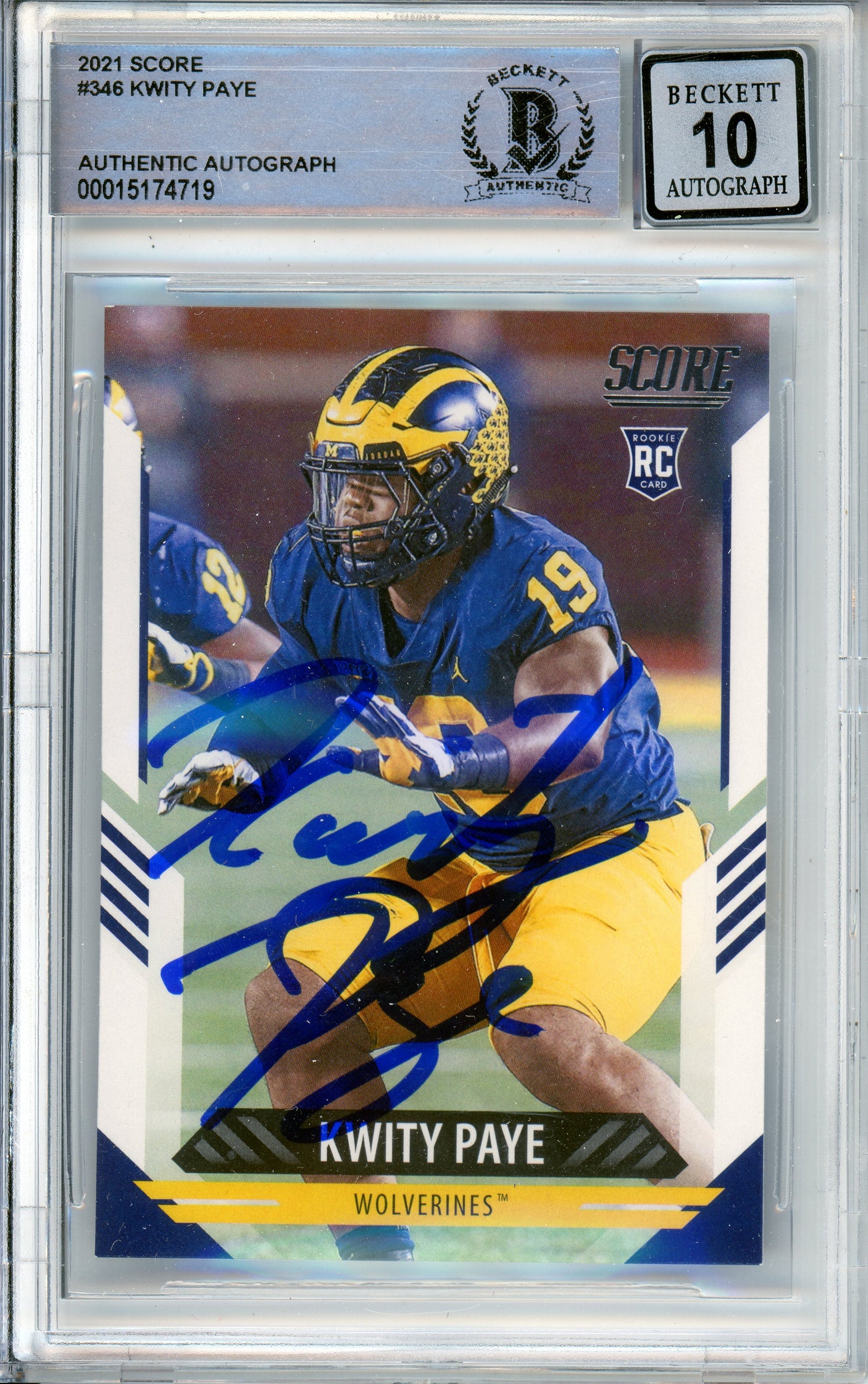 2021 Panini Score #346 Kwity Paye RC Michigan BGS Autograph 10