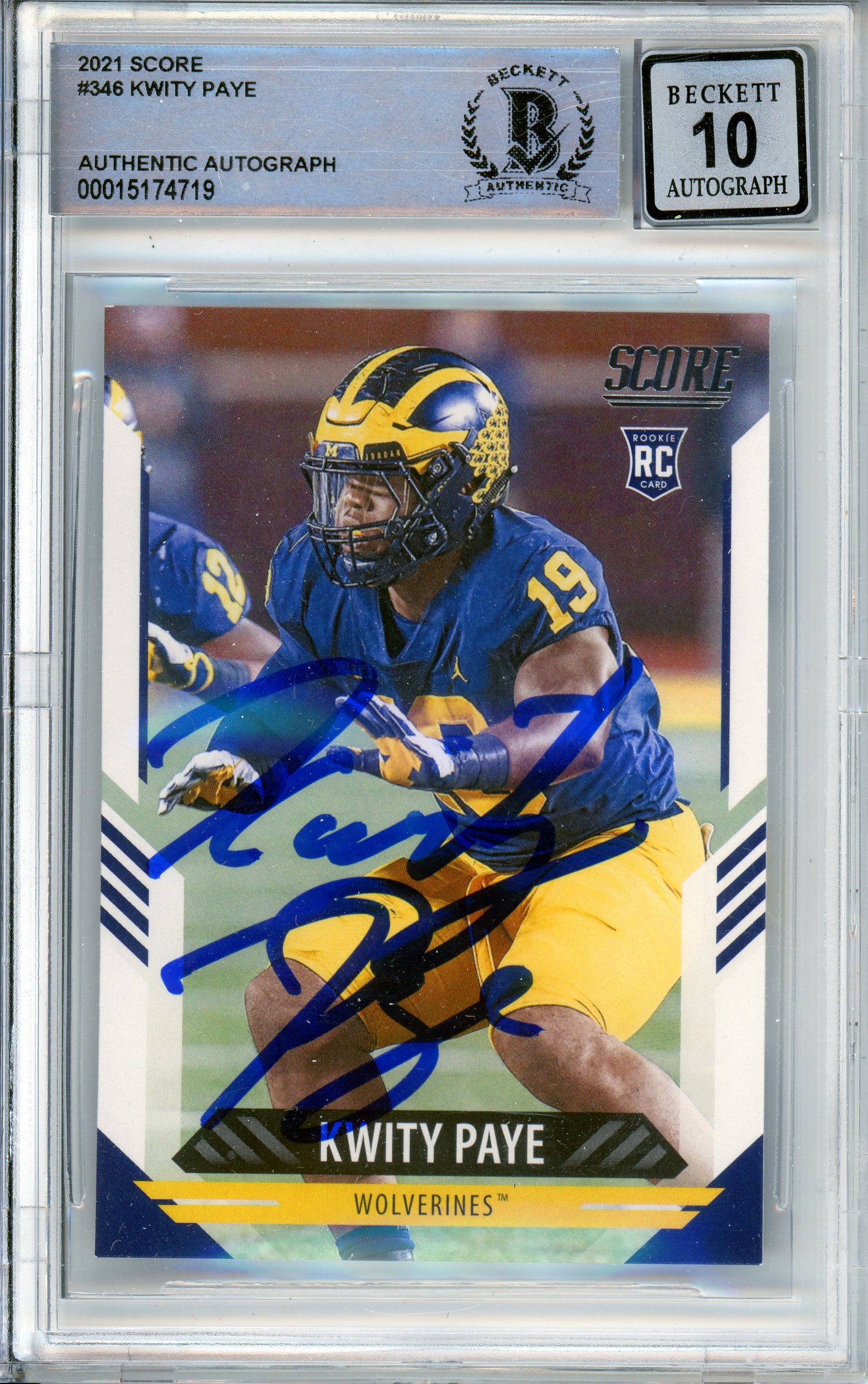 2021 Panini Score #346 Kwity Paye RC Michigan BGS Autograph 10