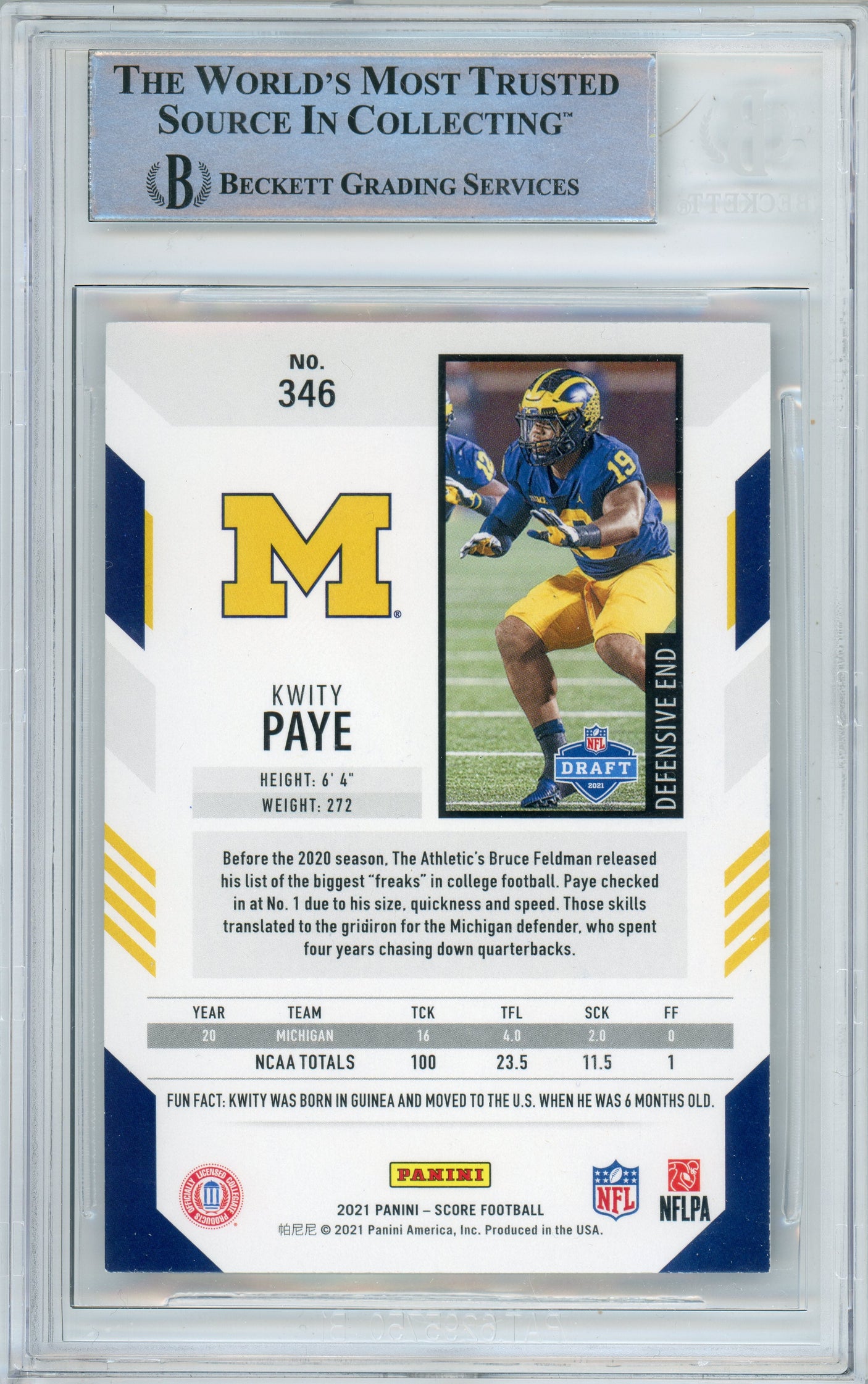 2021 Panini Score #346 Kwity Paye RC Michigan BGS Autograph 10