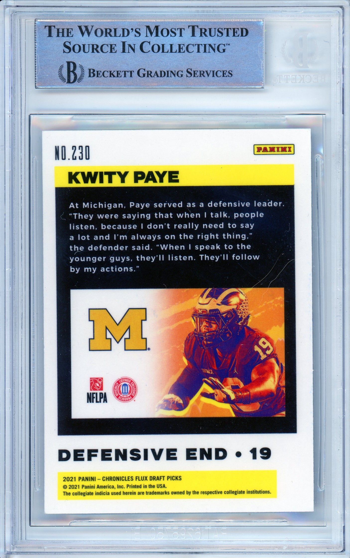 2021 Chronicles Draft Picks Flux #230 Kwity Paye RC Michigan BGS Autograph 10