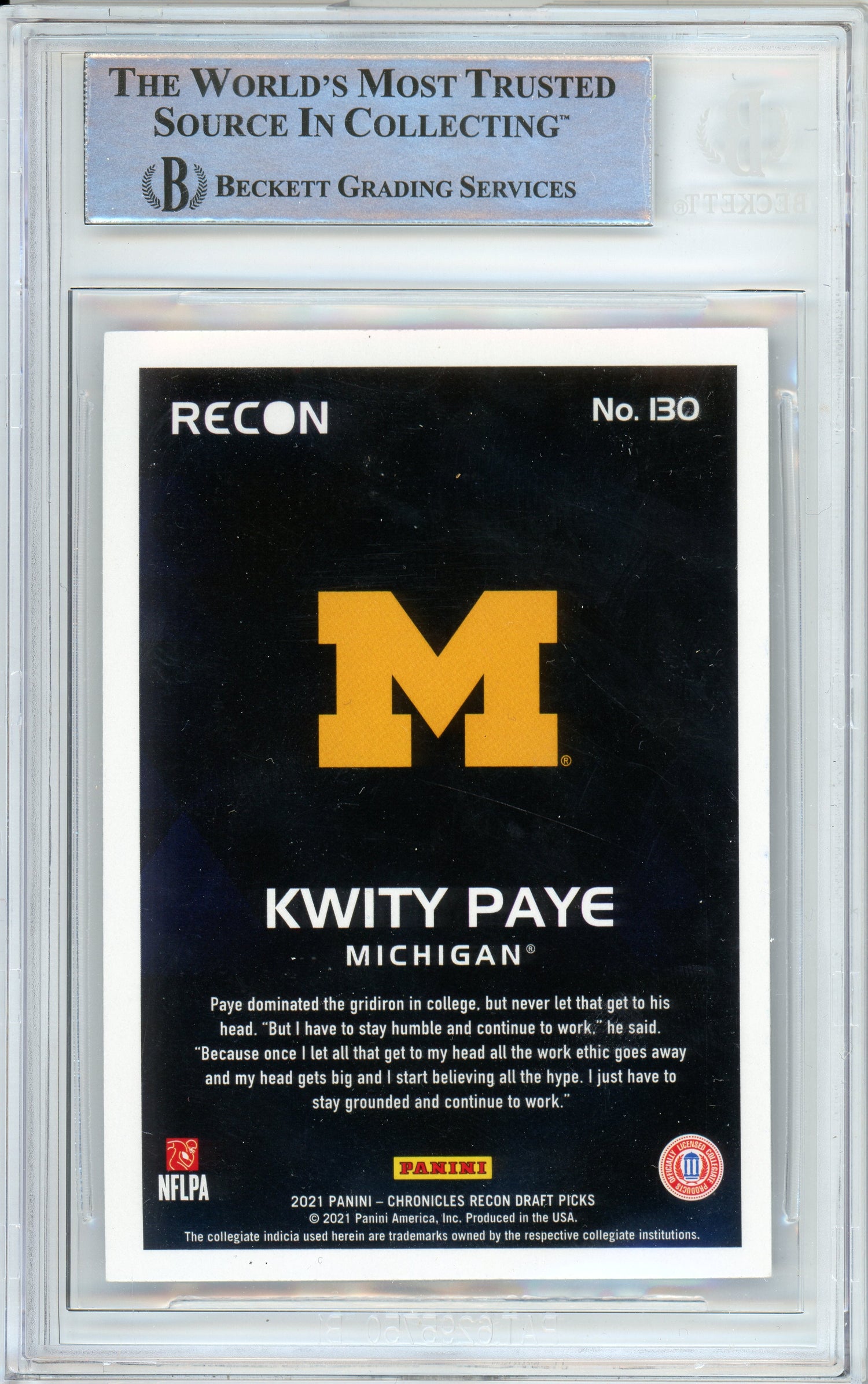 2021 Chronicles Draft Picks Recon #130 Kwity Paye RC BGS Autograph 10
