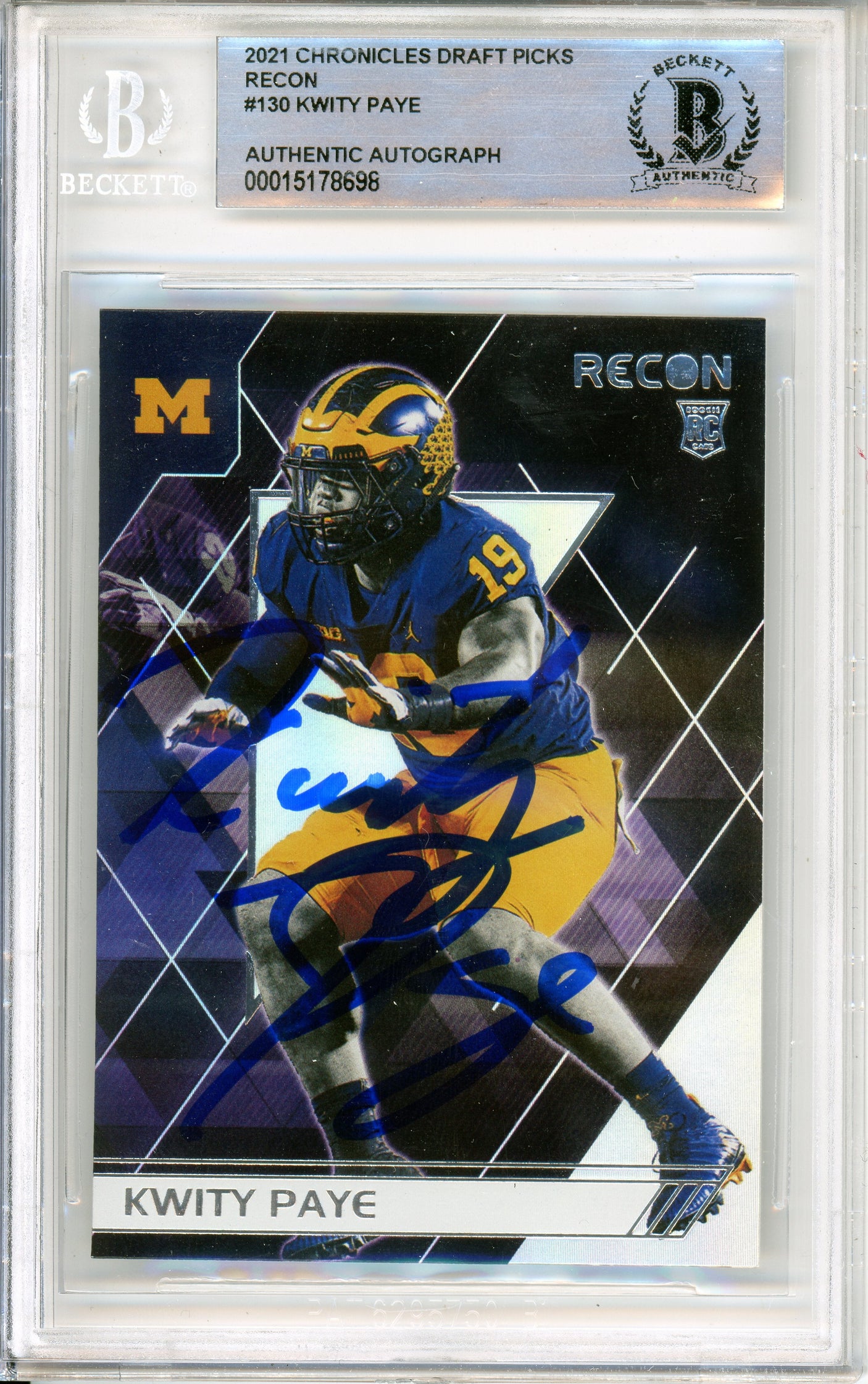 2021 Chronicles Draft Picks Recon #130 Kwity Paye RC BGS Autograph 10