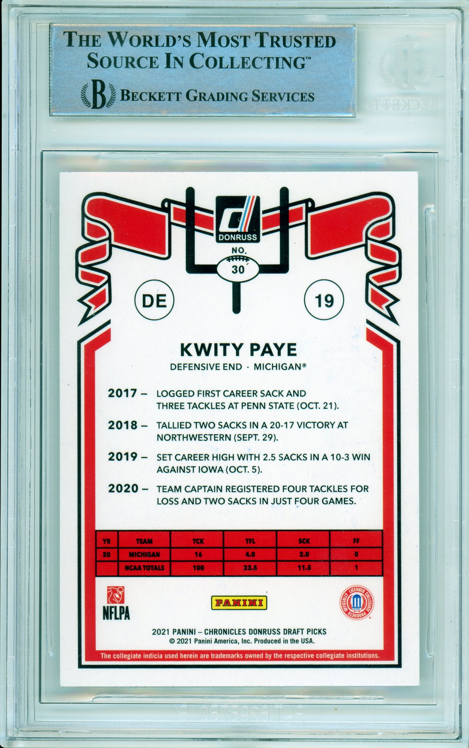 2021 Chronicles Draft Picks Retro #30 Kwity Paye RC BGS Autograph 10