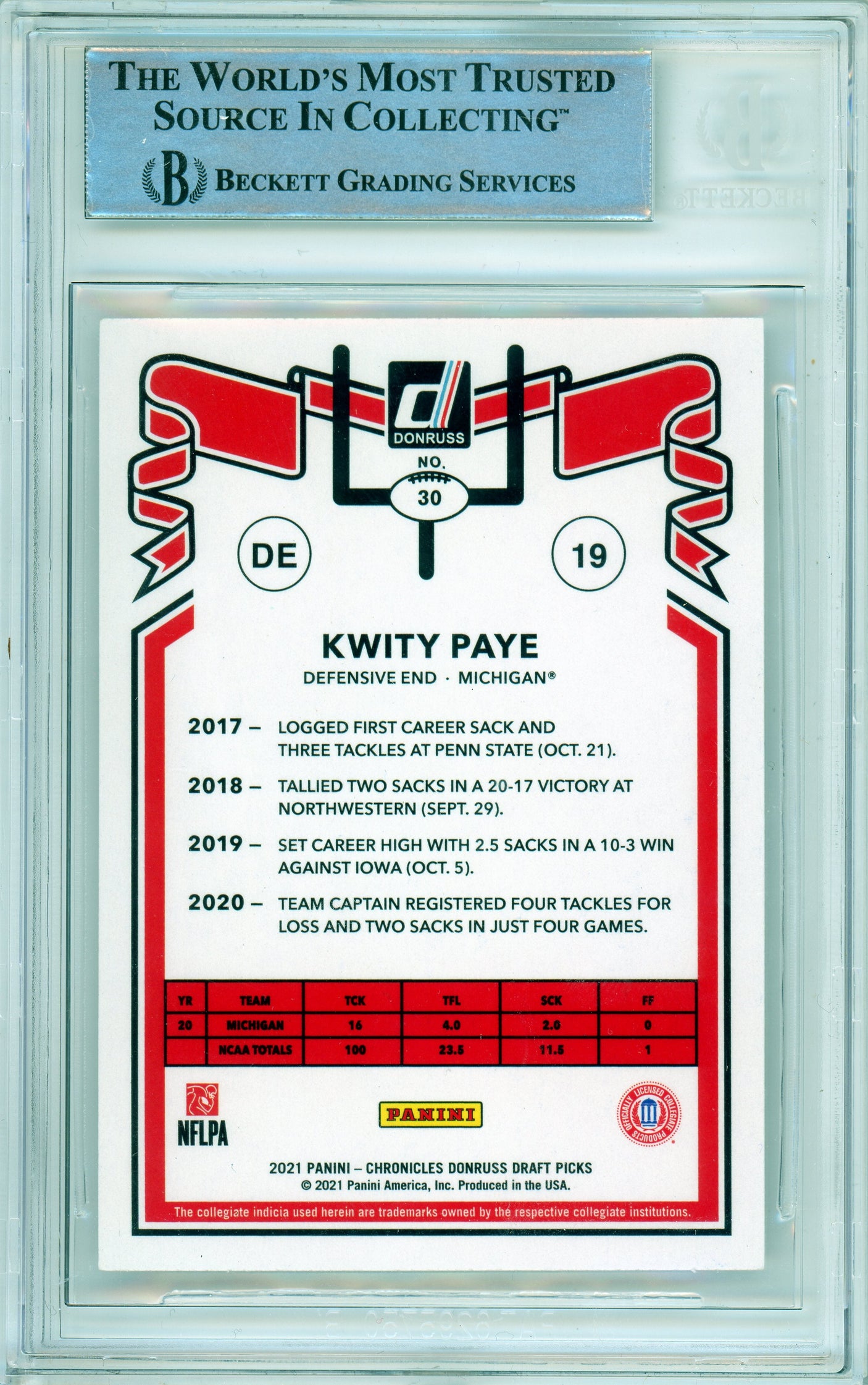 2021 Chronicles Draft Picks Retro #30 Kwity Paye RC BGS Autograph 10