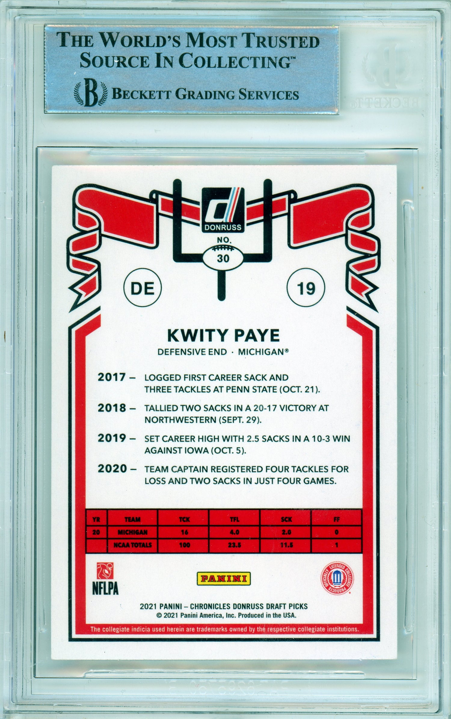 2021 Chronicles Draft Picks Retro #30 Kwity Paye RC BGS Autograph 10