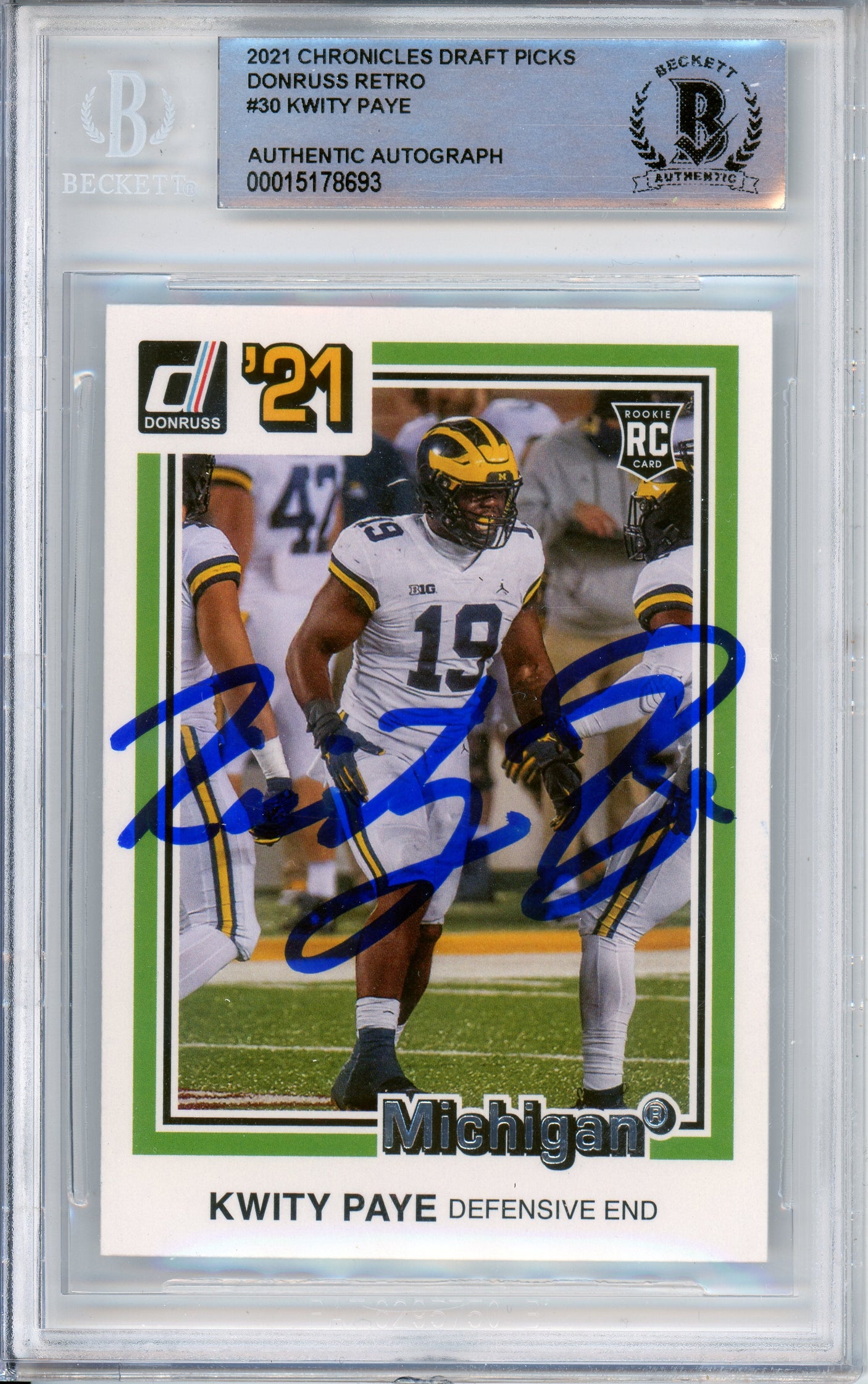2021 Chronicles Draft Picks Retro #30 Kwity Paye RC BGS Autograph 10