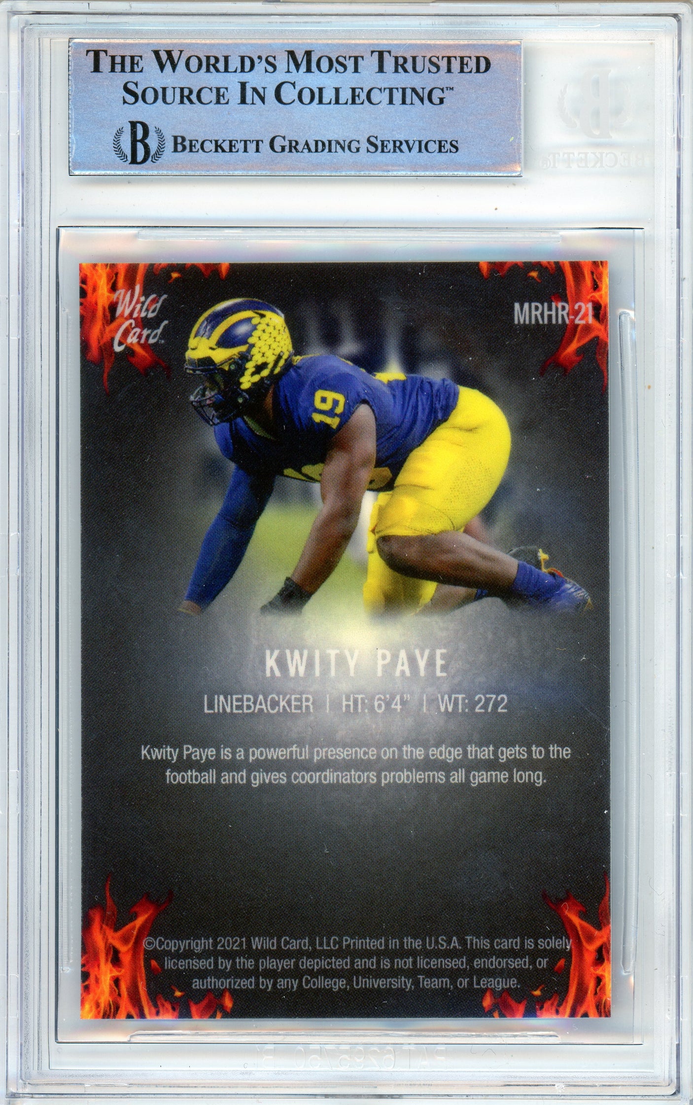 2021 Wild Card Matte Black Red Hot RC #MRHR21 Kwity Paye RC Michigan BGS Auto 10