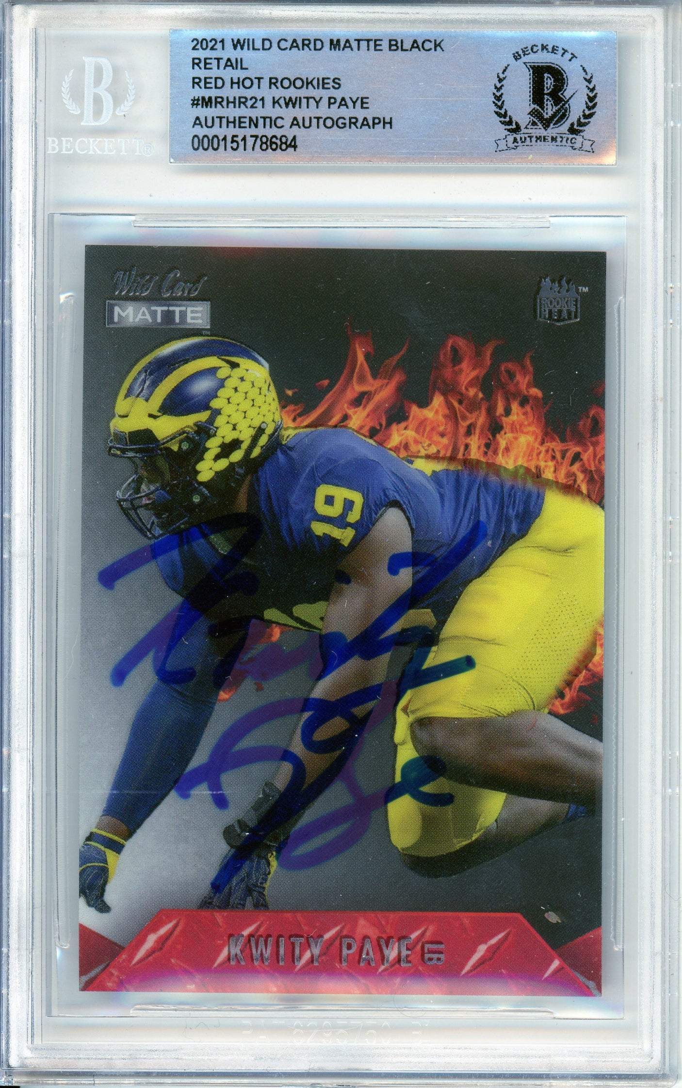 2021 Wild Card Matte Black Red Hot RC #MRHR21 Kwity Paye RC Michigan BGS Auto 10