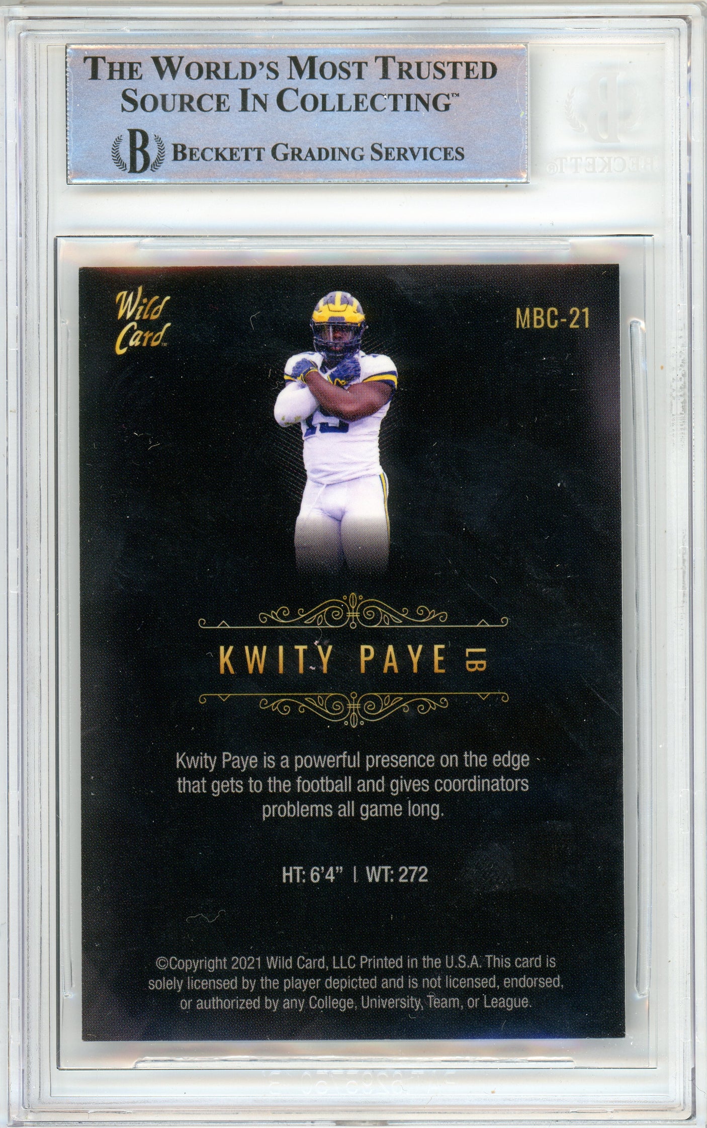 2021 Wild Card Matte Black Retail #MBC21 Kwity Paye RC Michigan BGS Autograph 10