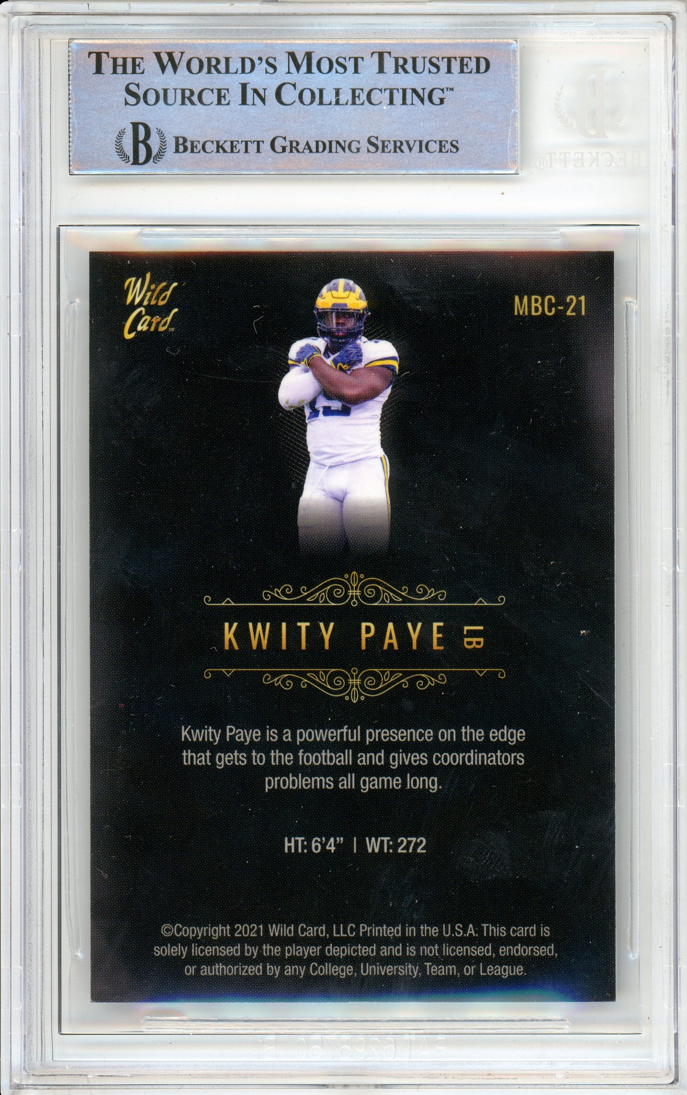 2021 Wild Card Matte Black Retail #MBC21 Kwity Paye RC Michigan BGS Autograph 10