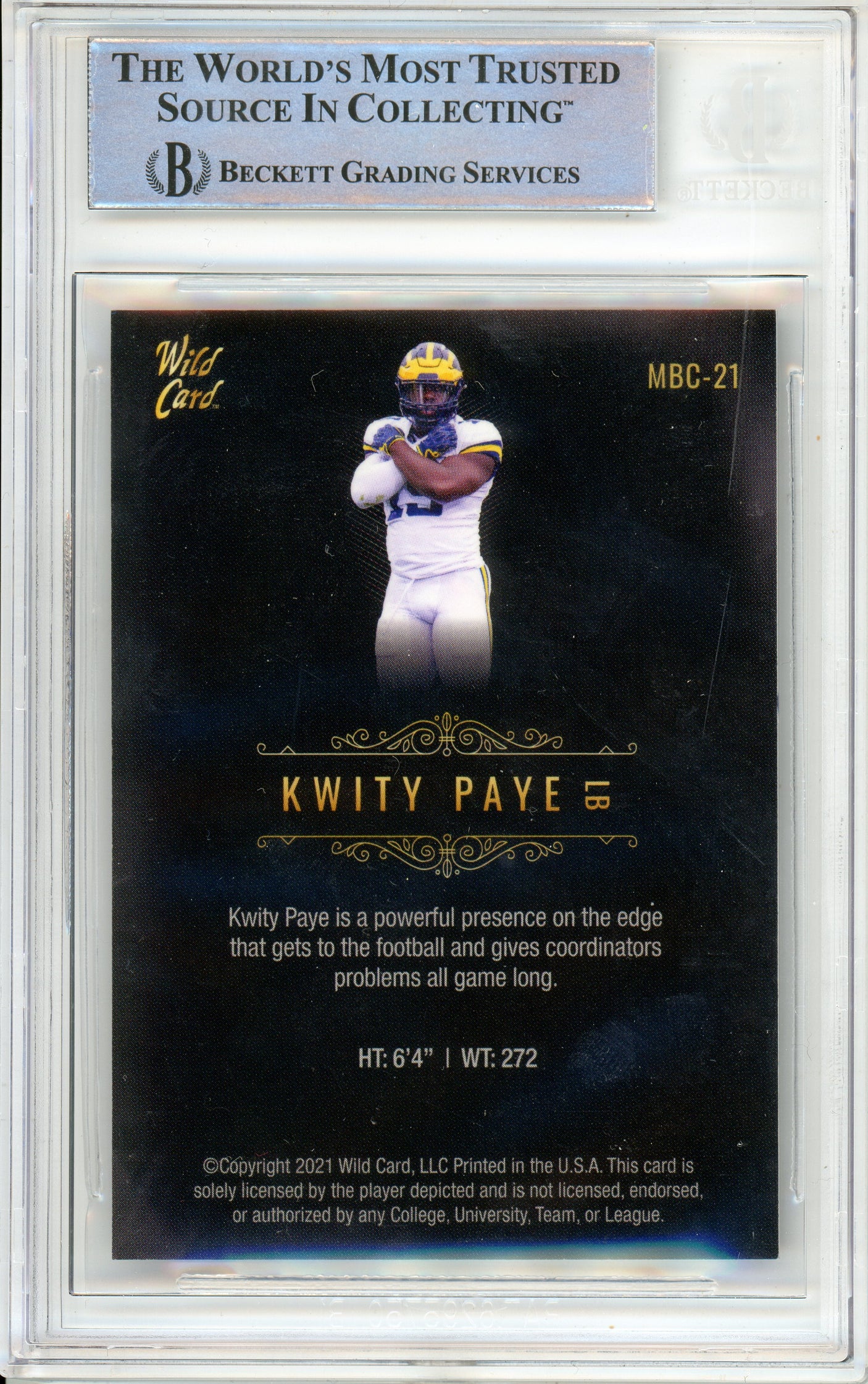 2021 Wild Card Matte Black Retail #MBC21 Kwity Paye RC Michigan BGS Autograph 10