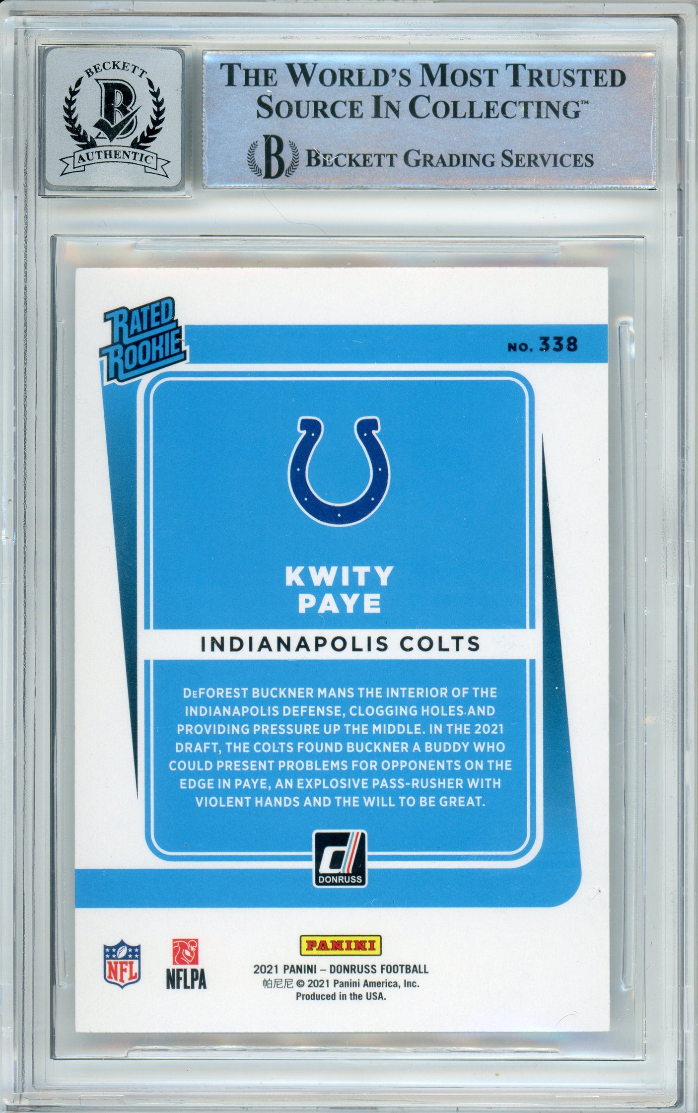 2021 Donruss Rated Rookie #338 Kwity Paye Indianapolis Colts BGS Autograph 10