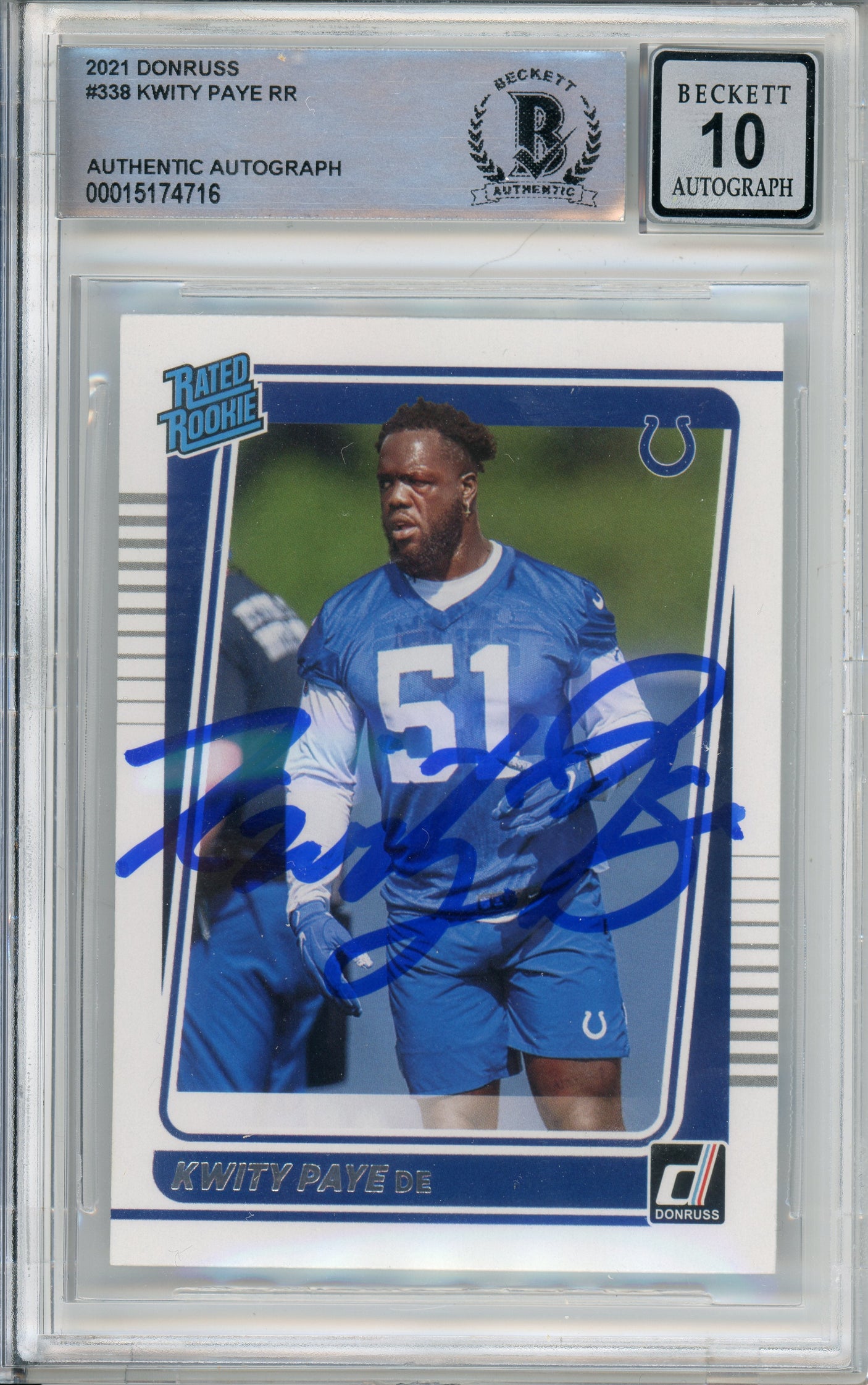 2021 Donruss Rated Rookie #338 Kwity Paye Indianapolis Colts BGS Autograph 10
