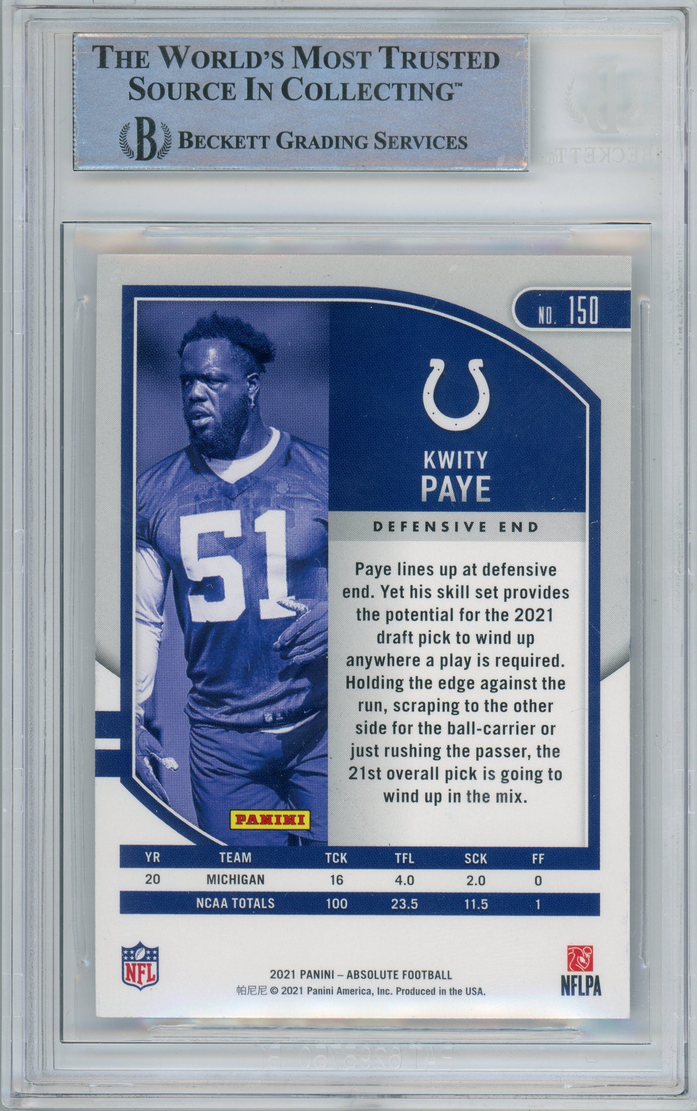 2021 Absolute Football #150 Kwity Paye RC Indianapolis Colts BGS Autograph 10