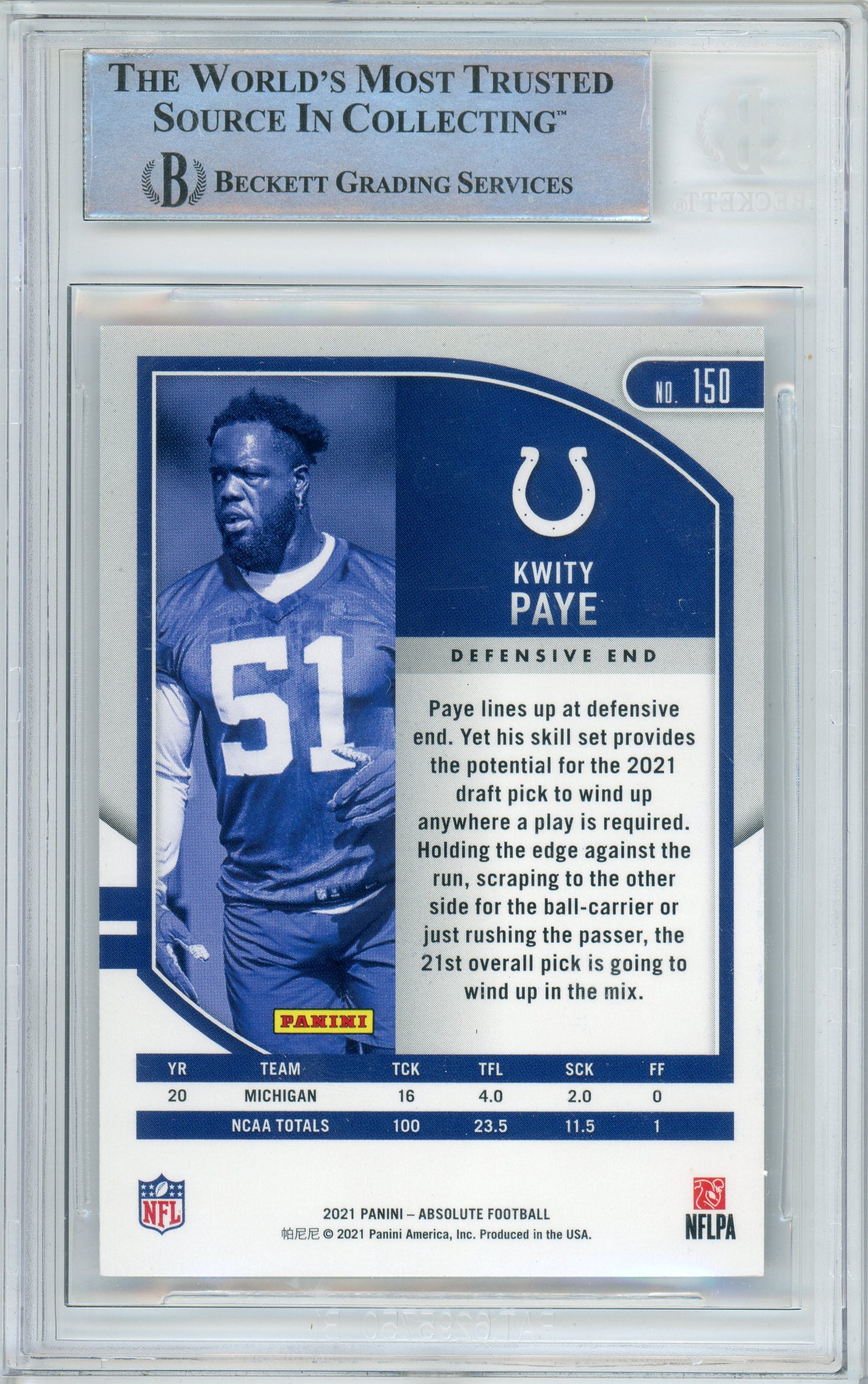 2021 Absolute Football #150 Kwity Paye RC Indianapolis Colts BGS Autograph 10