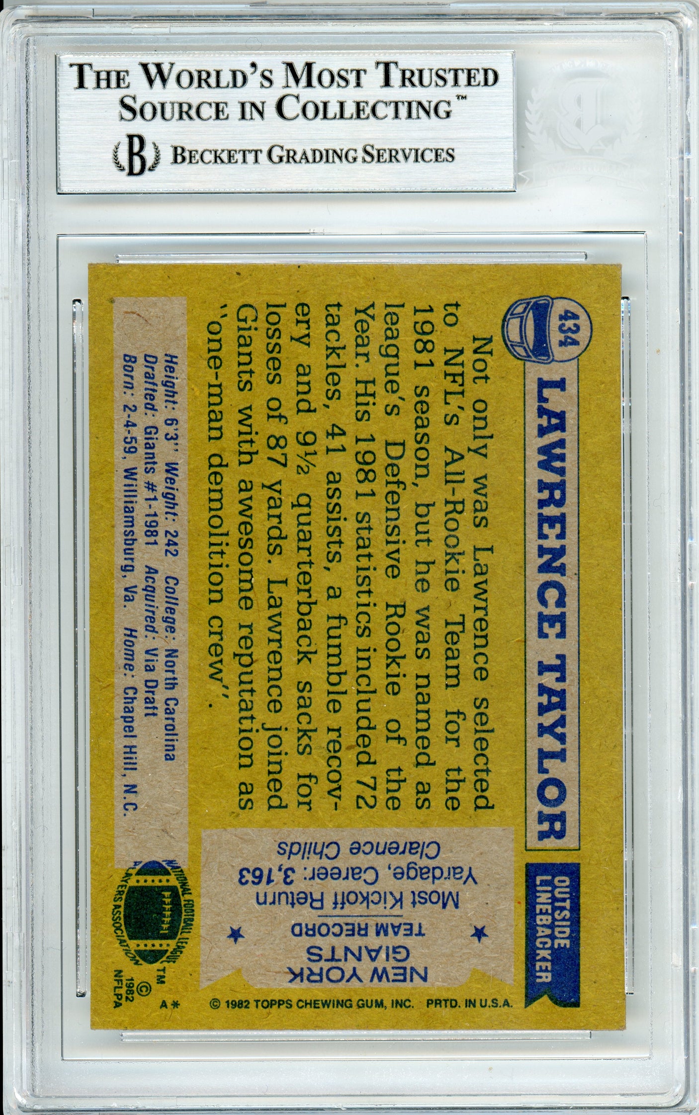 1982 Topps #434 Lawrence Taylor RC New York Giants BGS Autograph 10
