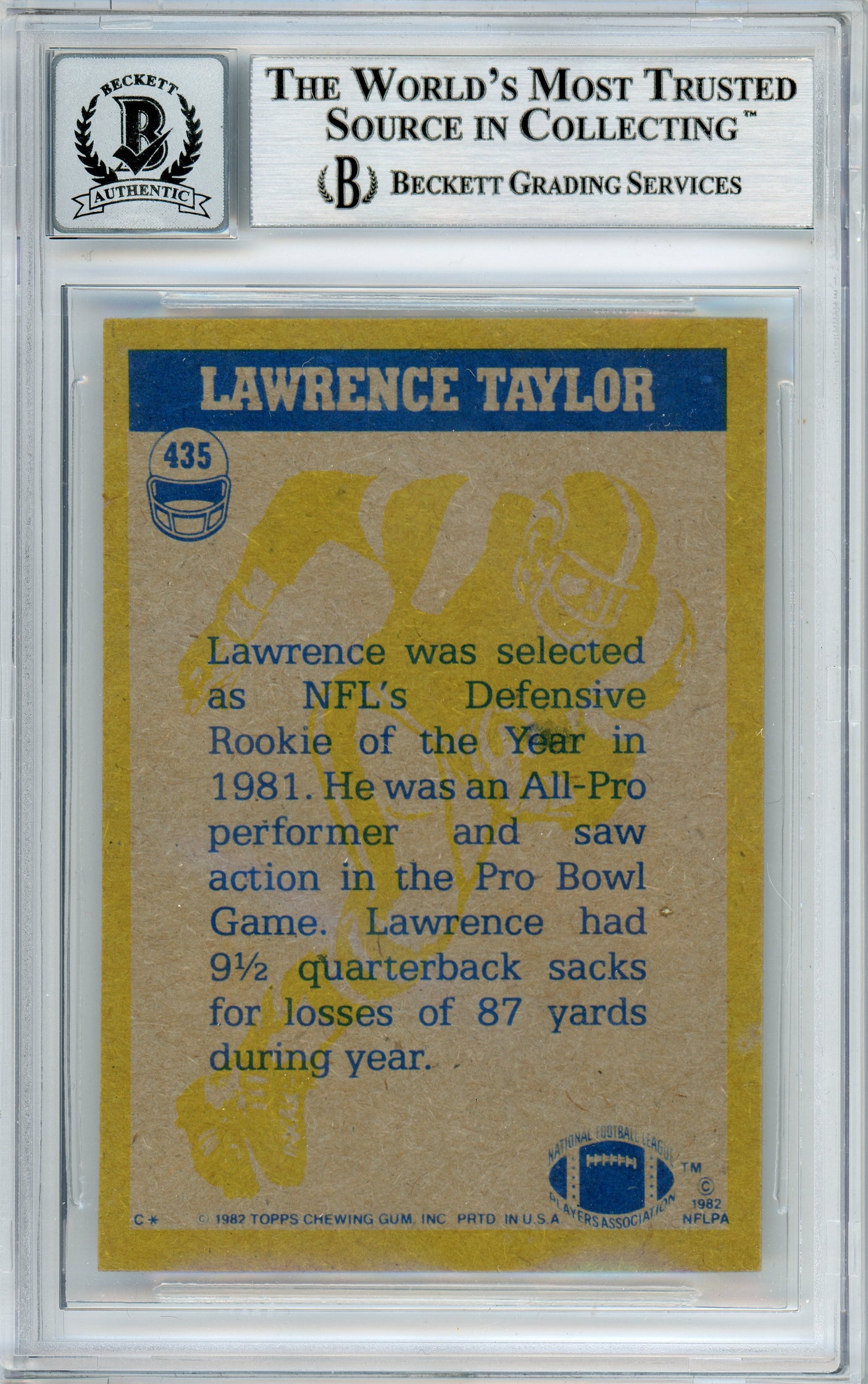 1982 Topps In Action #435 Lawrence Taylor RC New York Giants BGS Autograph 10