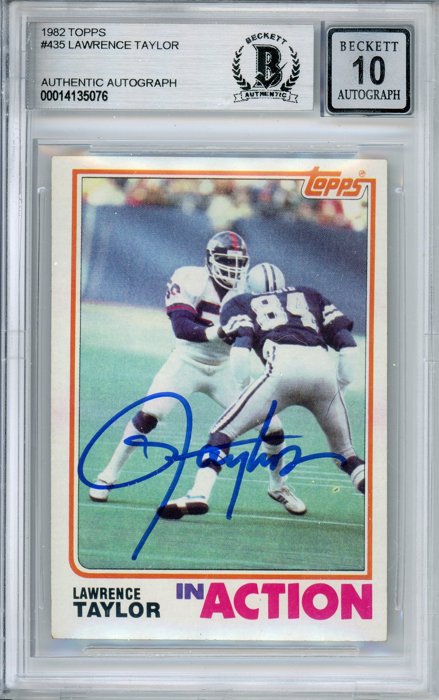 1982 Topps In Action #435 Lawrence Taylor RC New York Giants BGS Autograph 10