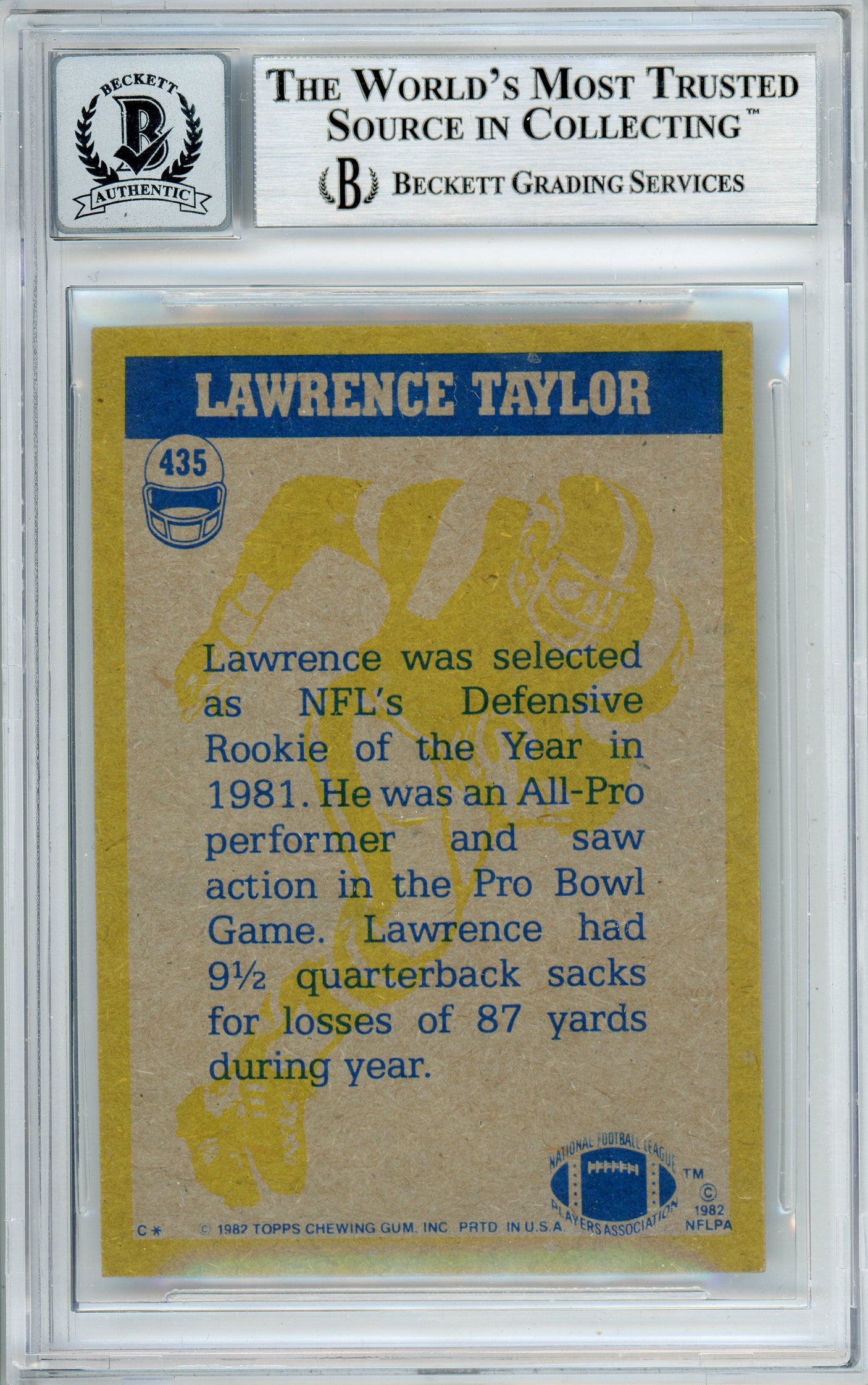 1982 Topps In Action #435 Lawrence Taylor RC New York Giants BGS Autograph 10
