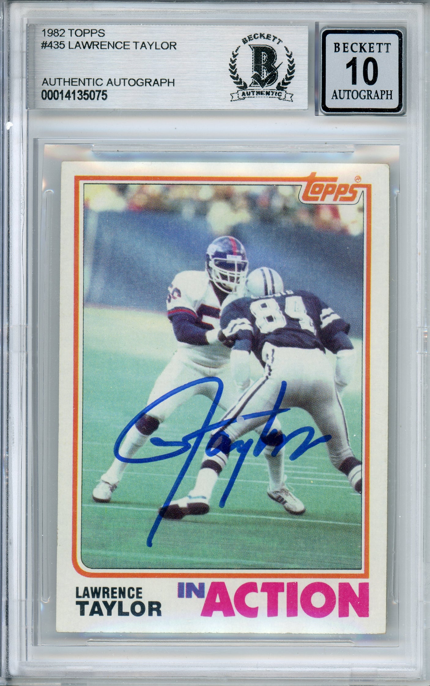 1982 Topps In Action #435 Lawrence Taylor RC New York Giants BGS Autograph 10