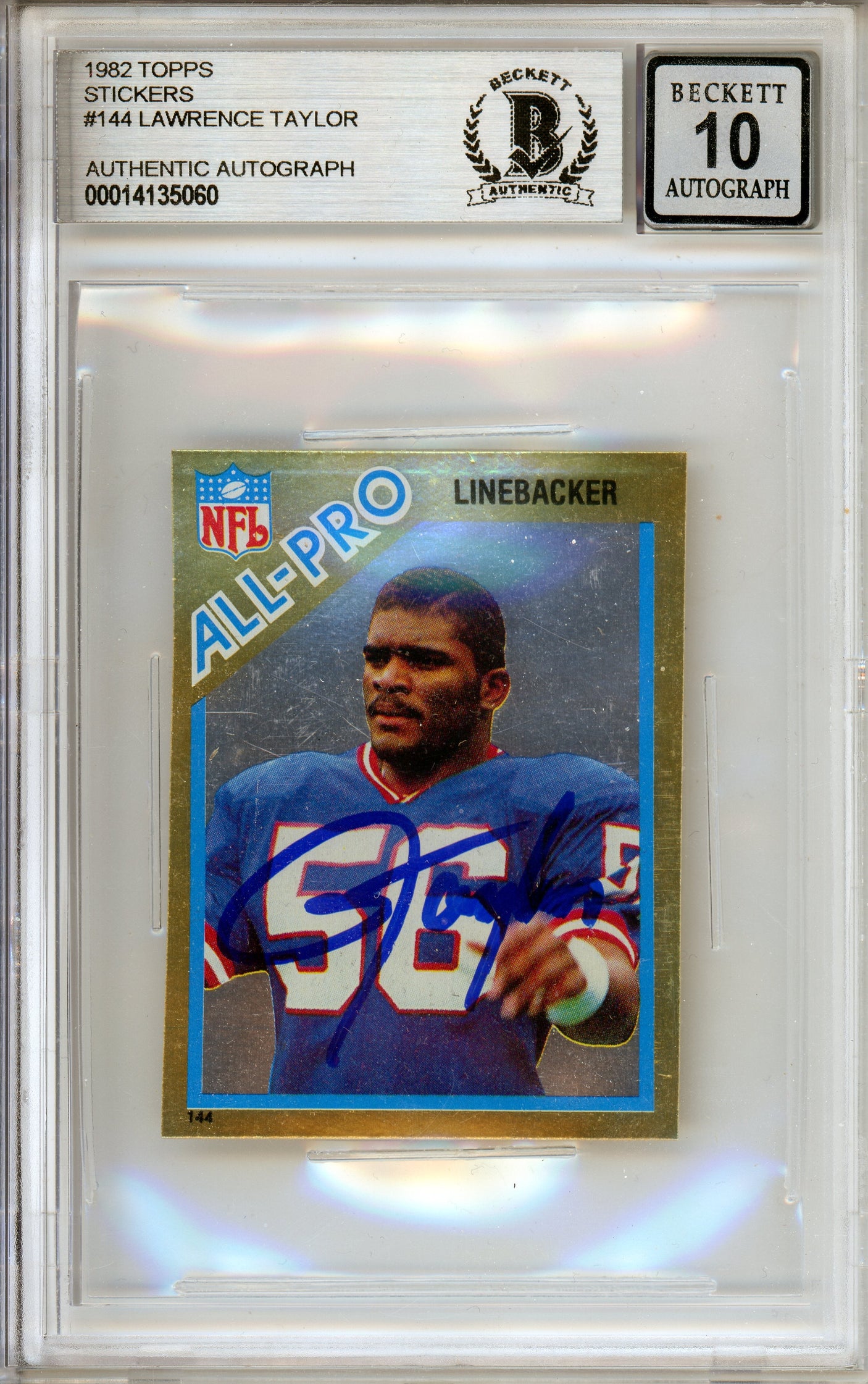 1982 Topps Stickers #144 Lawrence Taylor RC New York Giants BGS Autograph 10