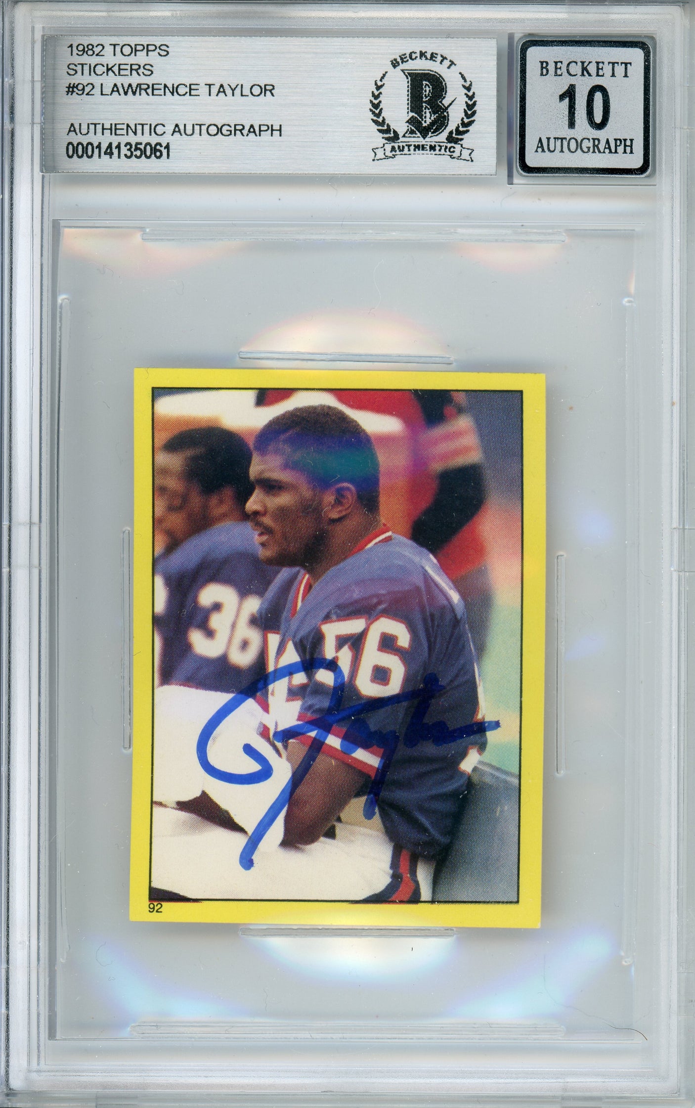 1982 Topps Stickers #92 Lawrence Tylor RC New York Giants BGS Autograph 10