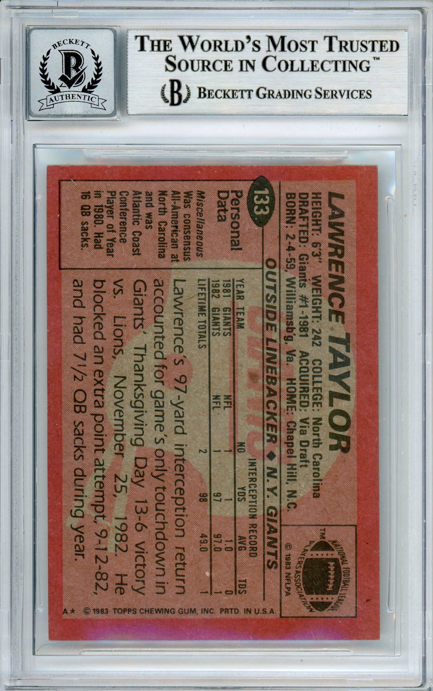 1983 Topps #133 Lawrence Taylor New York Giants BGS Autograph 10