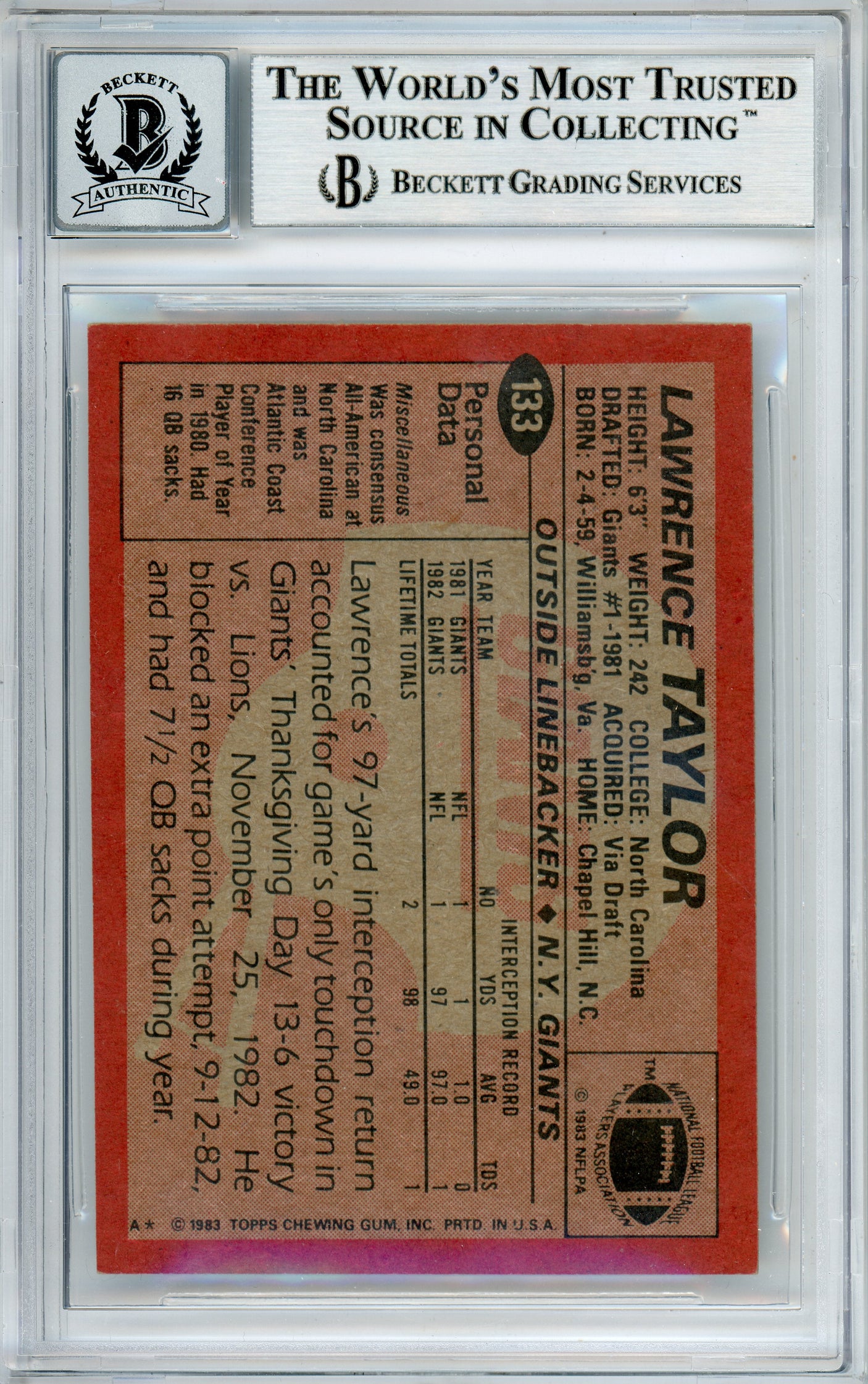 1983 Topps #133 Lawrence Taylor New York Giants BGS Autograph 10
