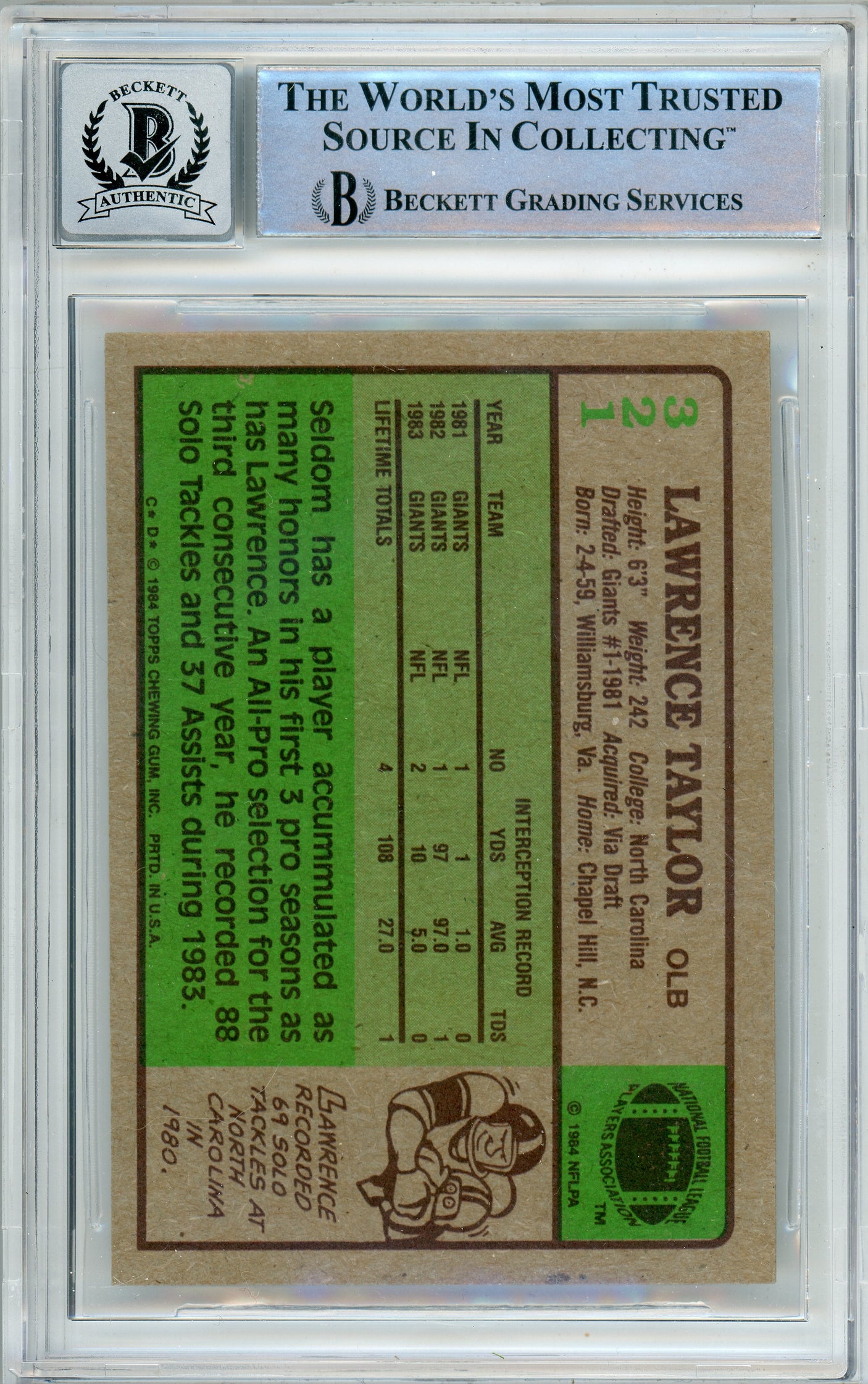 1984 Topps #321 Lawrence Taylor New York Giants BGS Autograph 10