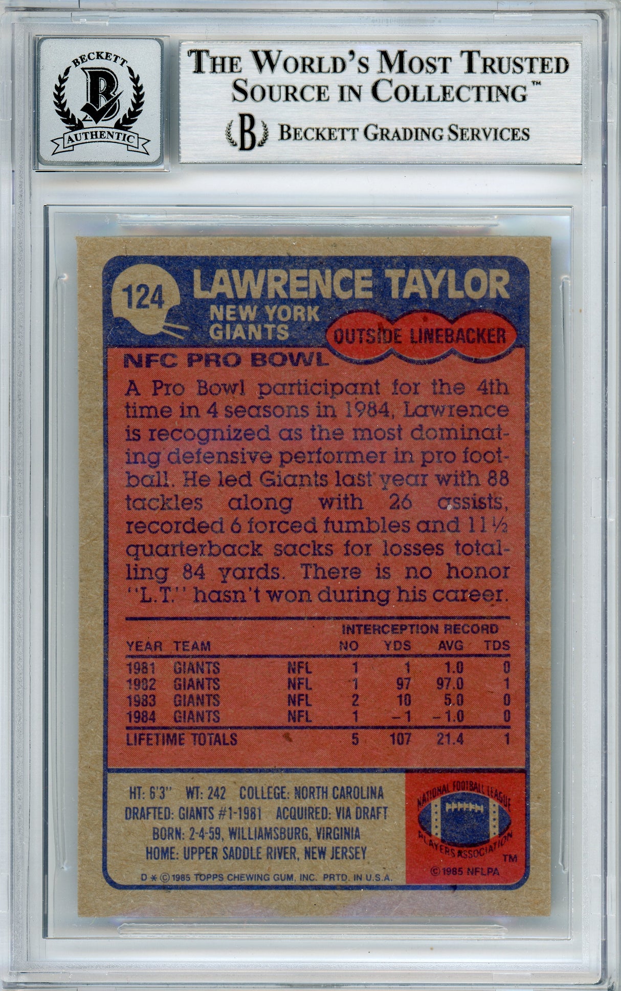 1985 Topps #124 Lawrence Taylor New York Giants BGS Autograph 10