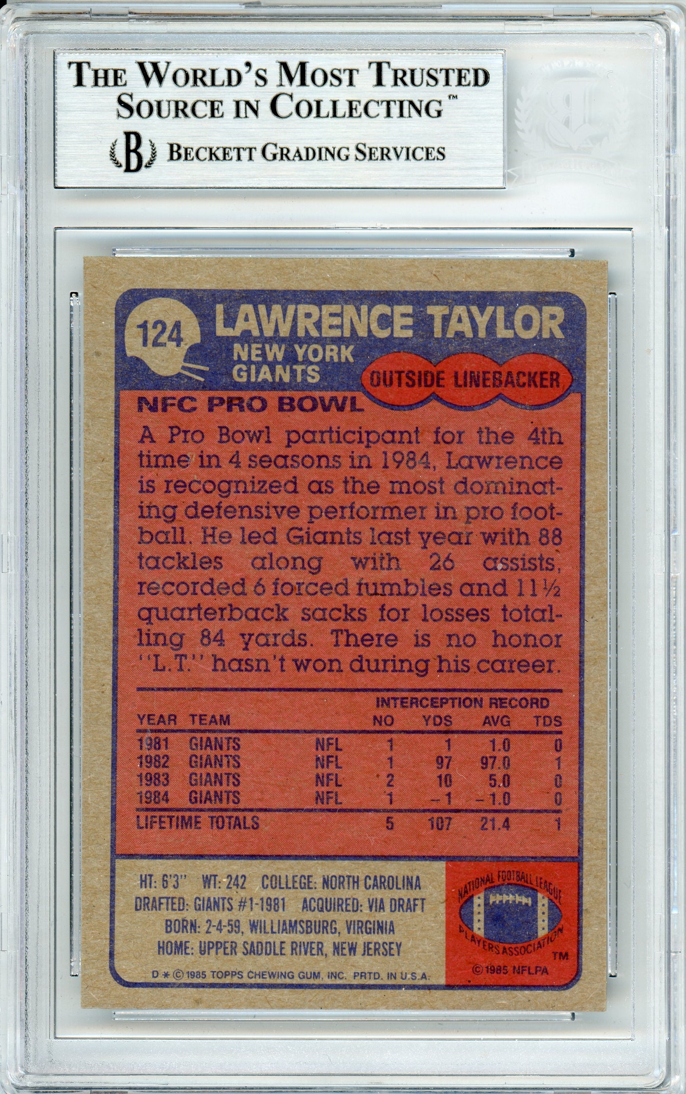 1985 Topps #124 Lawrence Taylor '86 MVP New York Giants BGS Autograph 10
