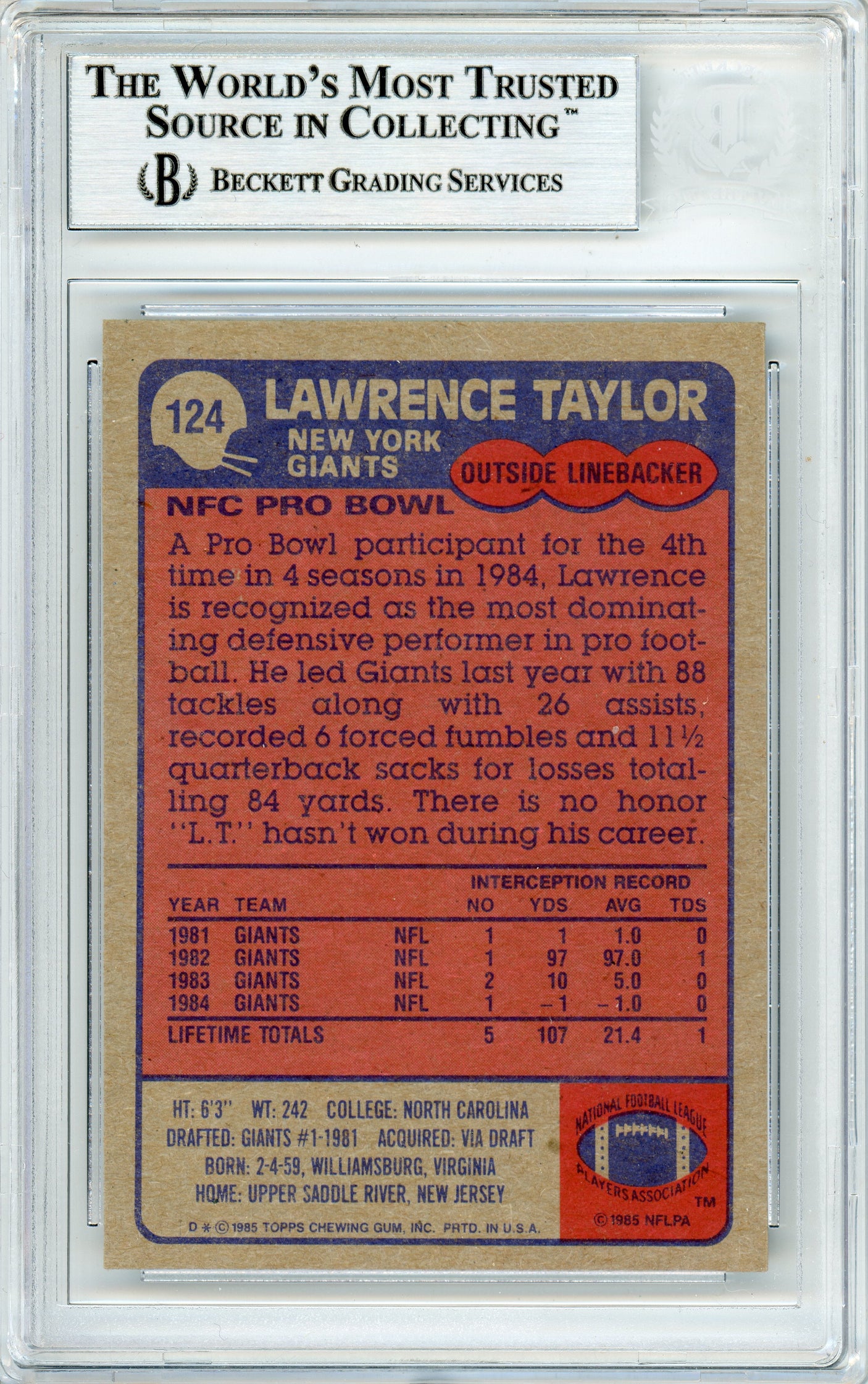 1985 Topps #124 Lawrence Taylor '86 MVP New York Giants BGS Autograph 10