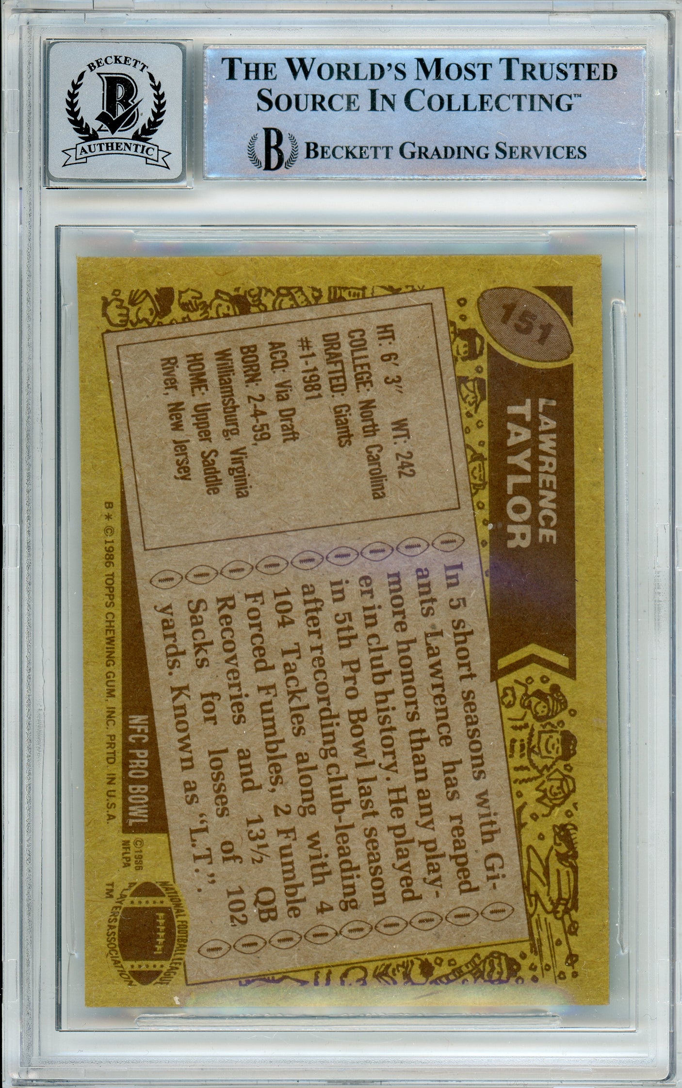 1986 Topps All-Pro #151 Lawrence Taylor New York Giants BGS Autograph 10