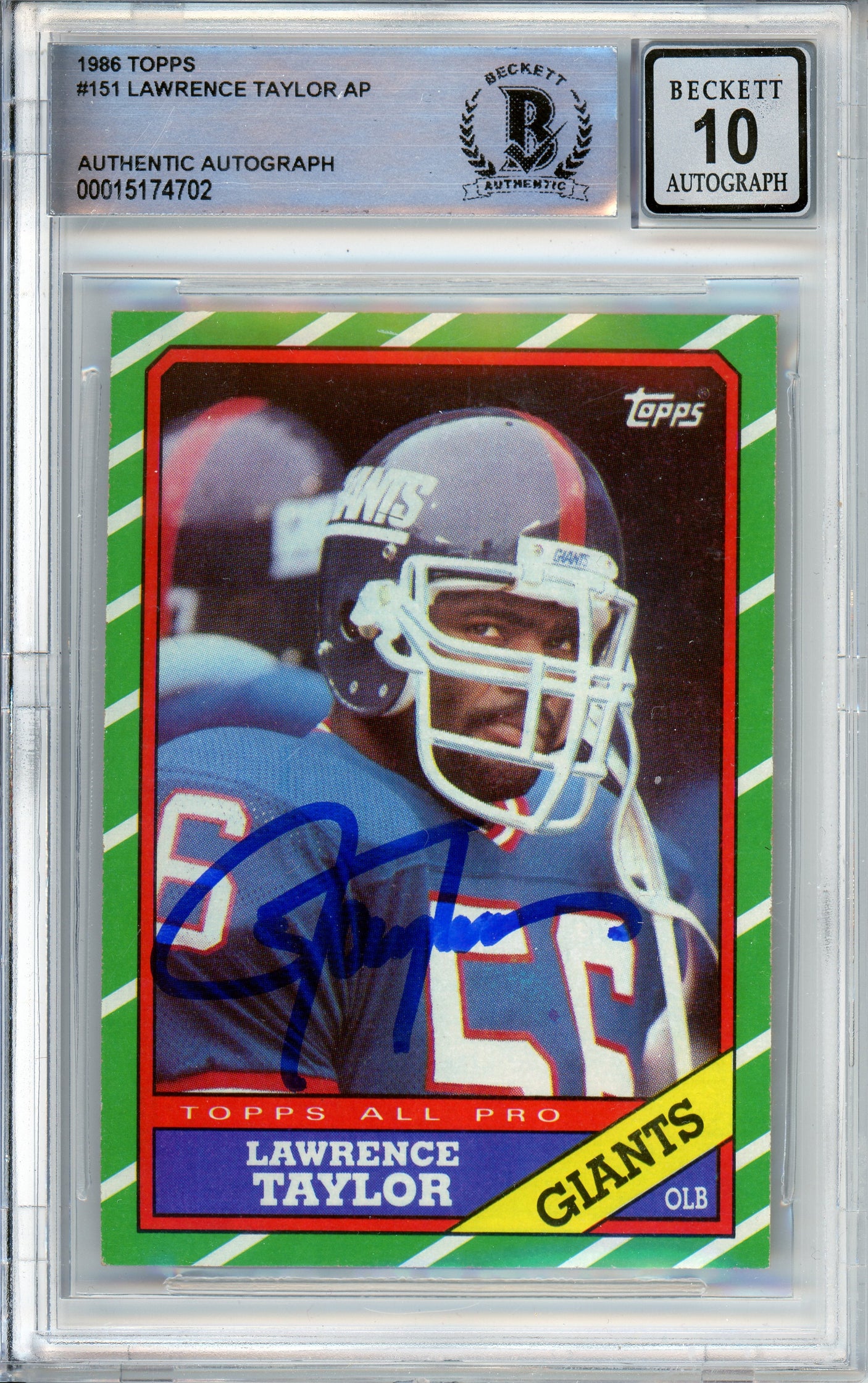 1986 Topps All-Pro #151 Lawrence Taylor New York Giants BGS Autograph 10