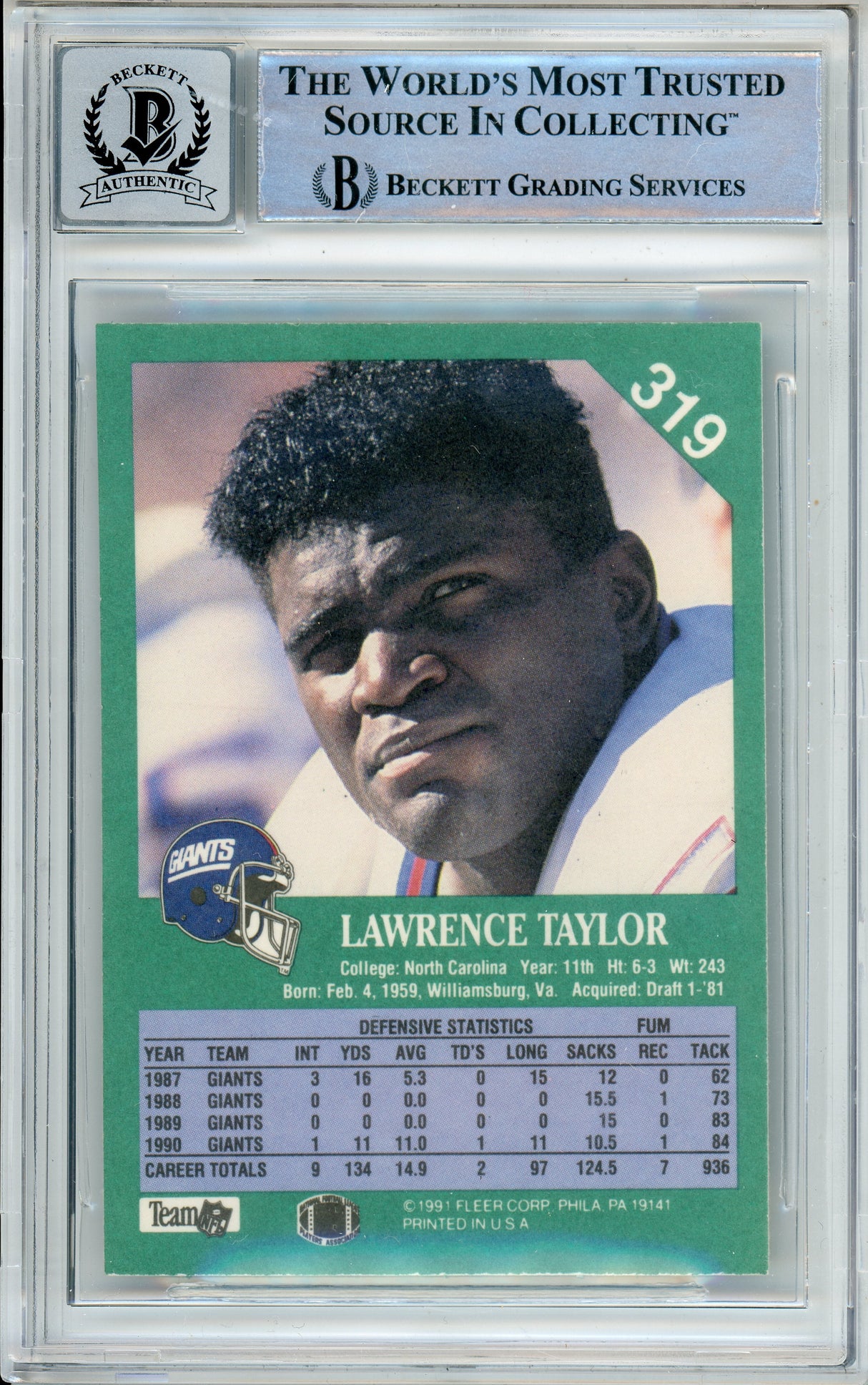 1991 Fleer #319 Lawrence Taylor New York Giants BGS Autograph 10