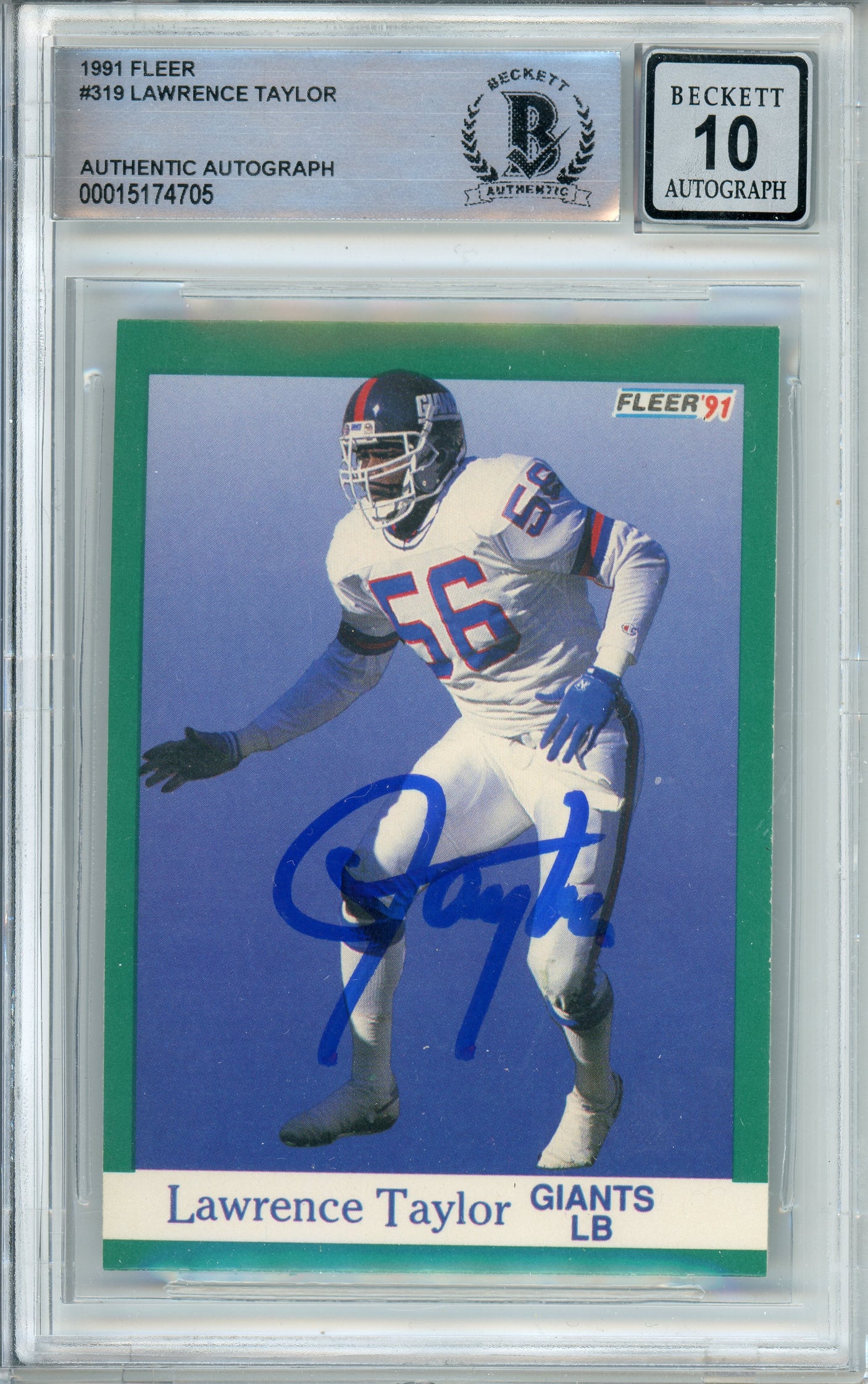 1991 Fleer #319 Lawrence Taylor New York Giants BGS Autograph 10