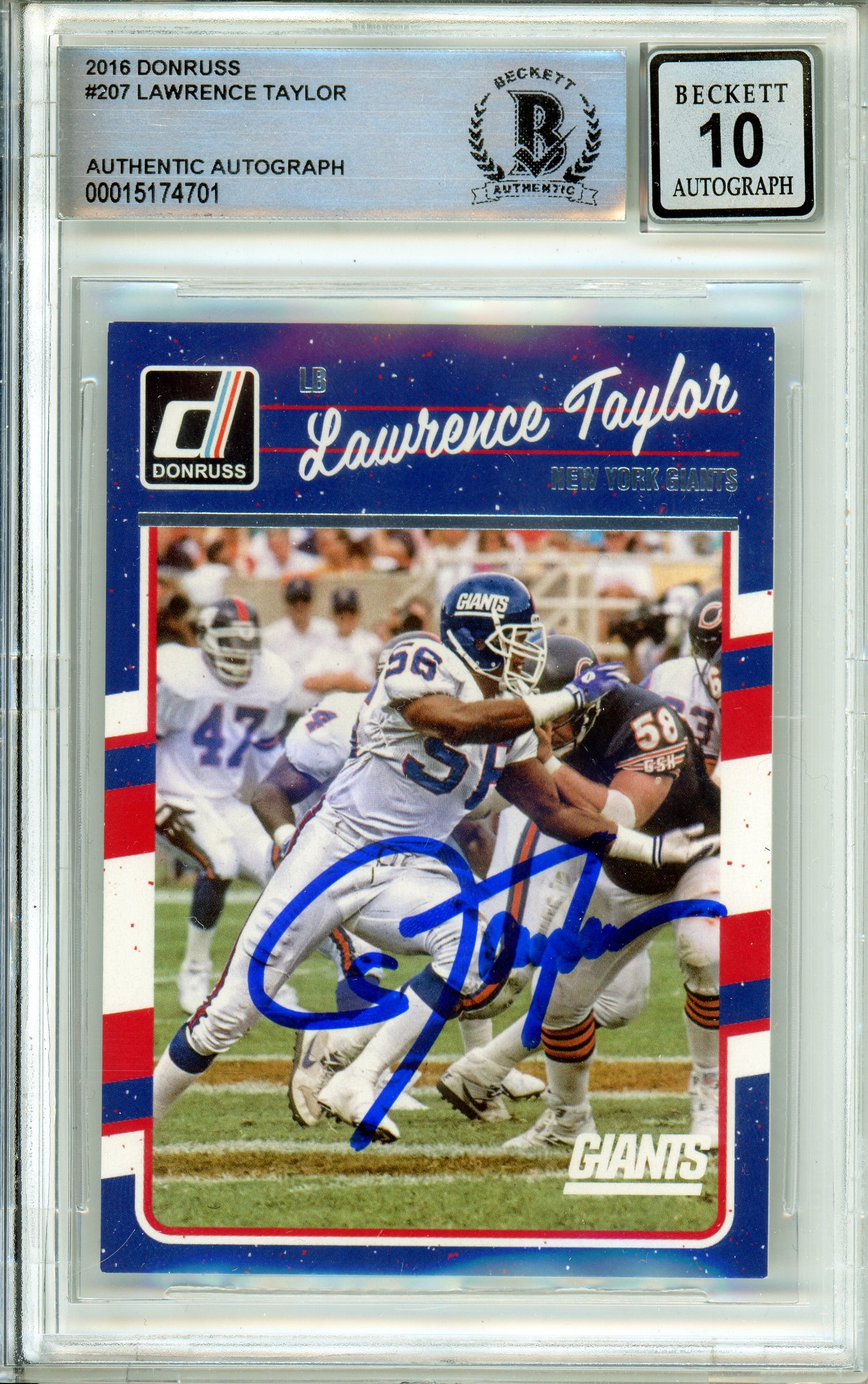 2016 Panini Donruss #207 Lawrence Taylor New York Giants BGS Autograph 10